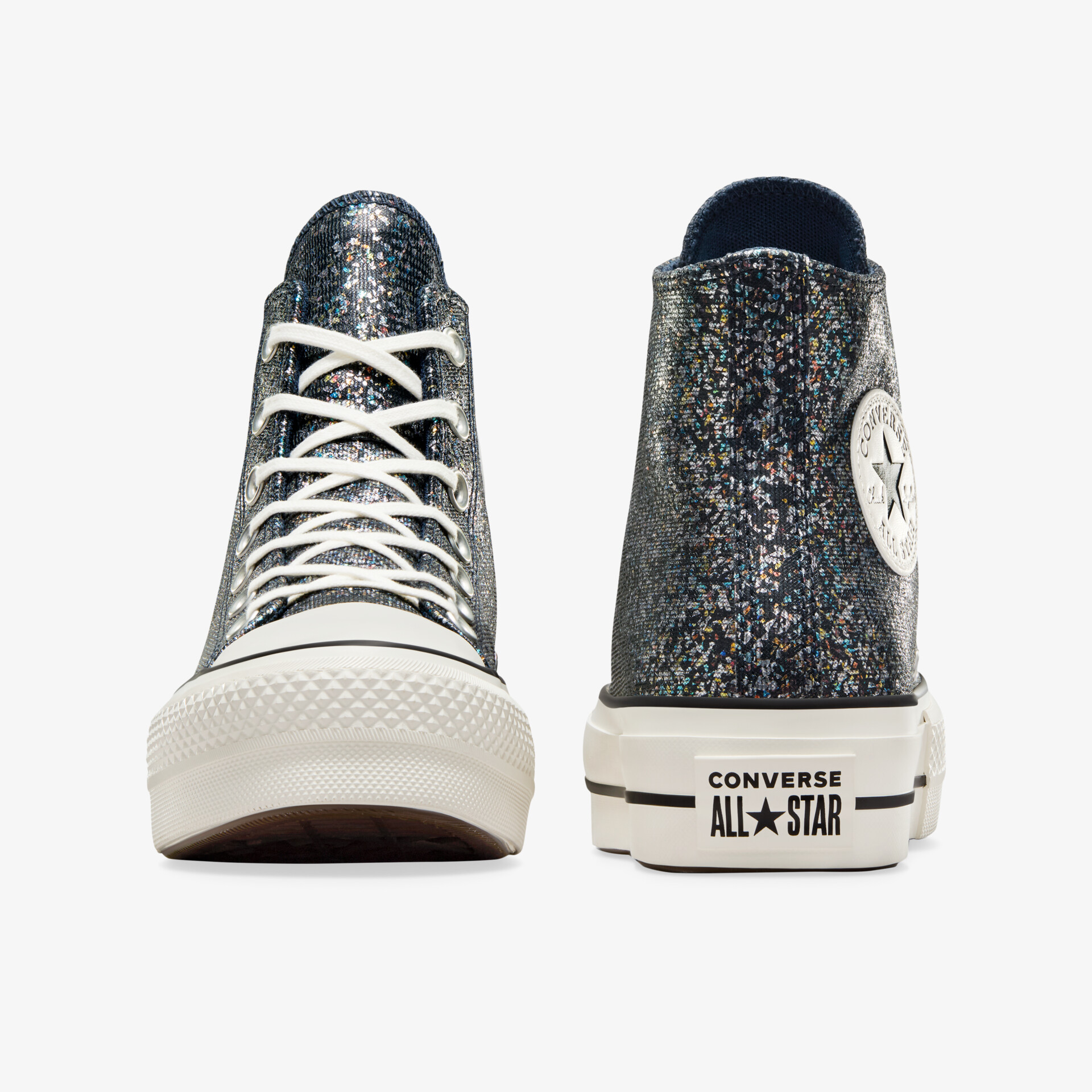 Converse All Star hoher Sneaker mit funkelndem Glitzer in Front- und Rückansicht, robust und stylisch