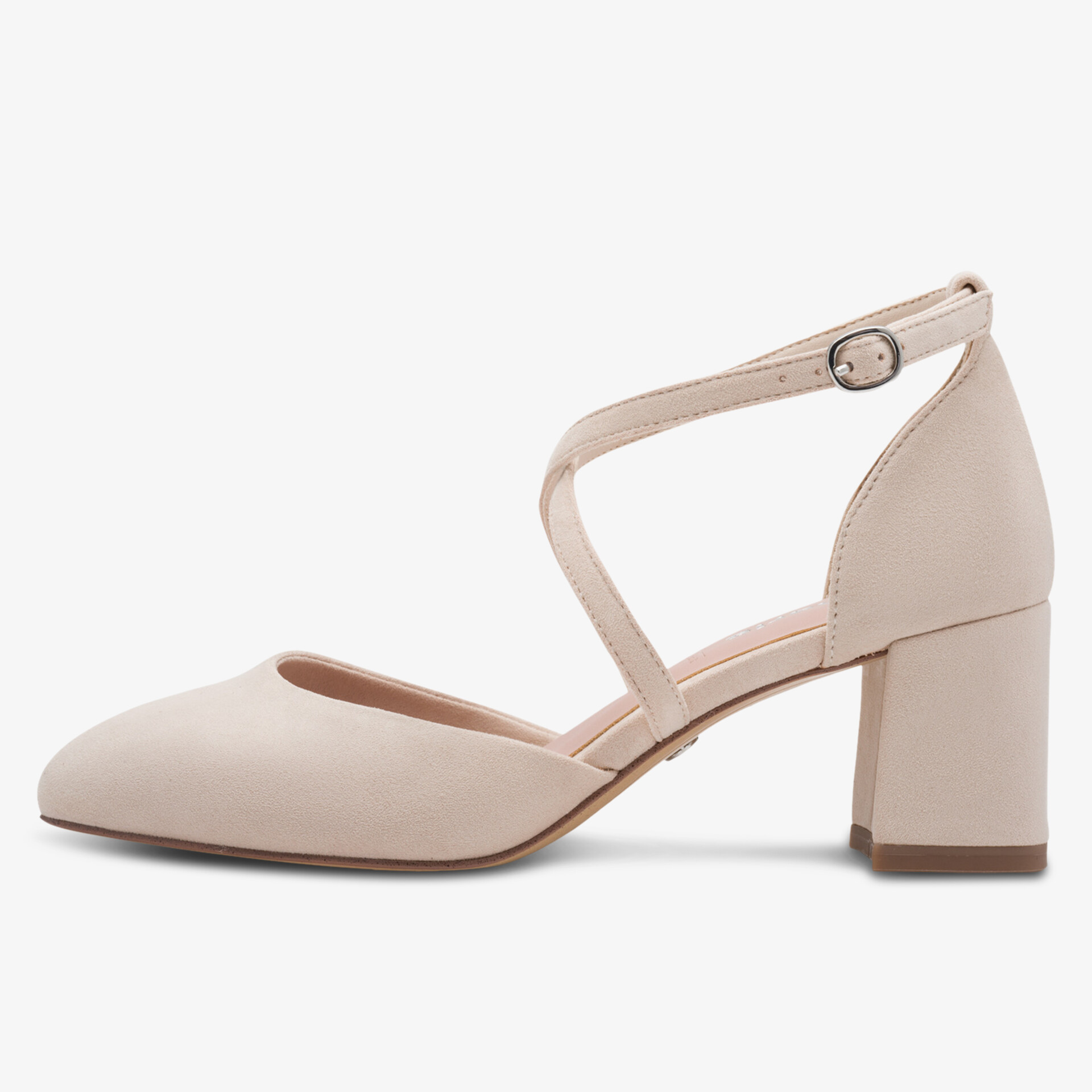 Seitliche Ansicht eines eleganten Pumps mit breitem Absatz und verstellbarem Riemen in dezenter Farbe