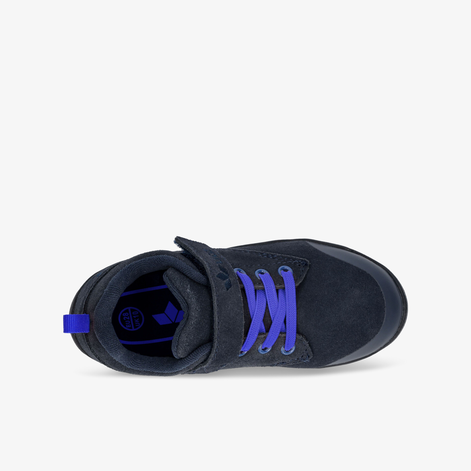 Schwarzer Sneaker mit auffälligen blauen Schnürsenkeln, leichtes und komfortables Design für hohen Tragekomfort