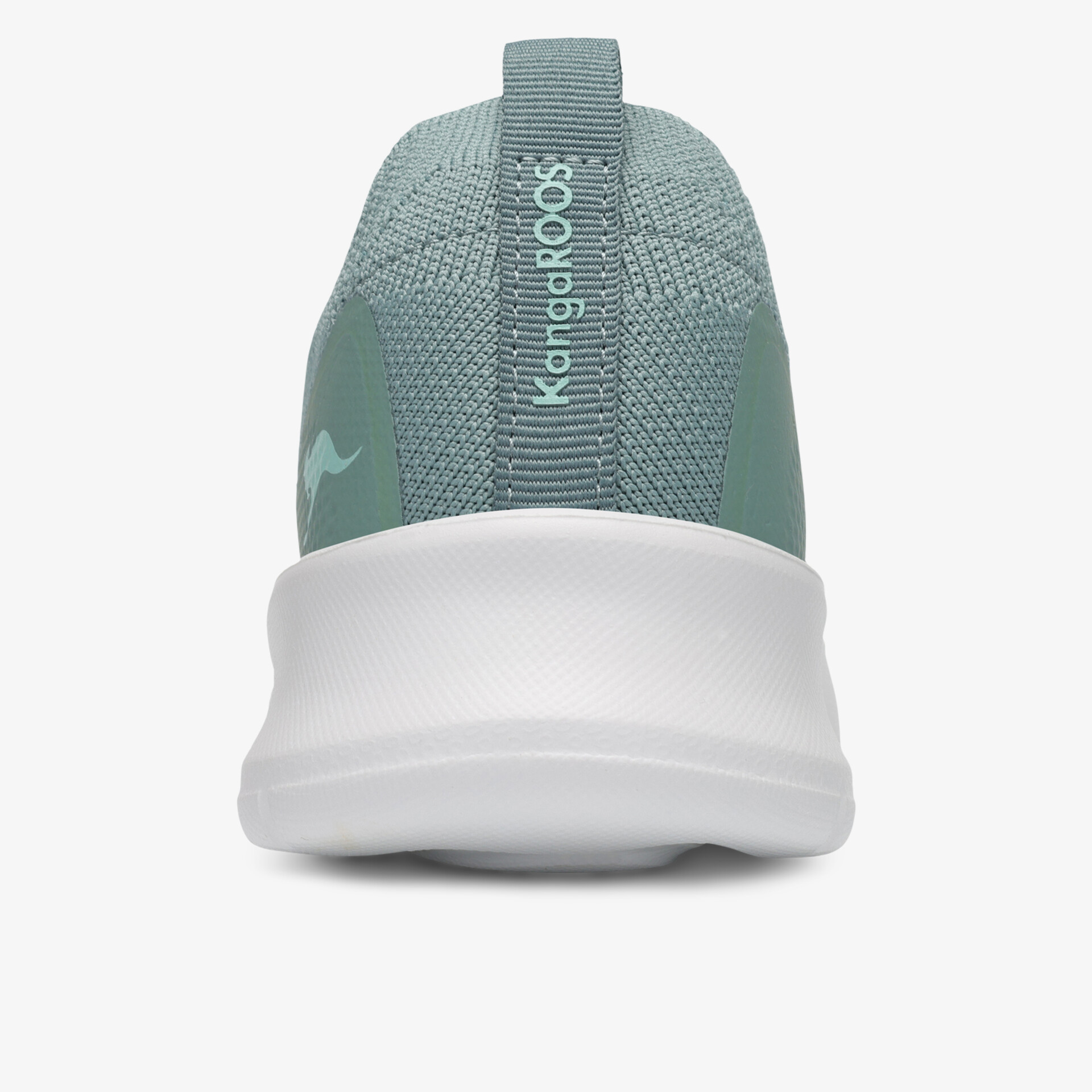 Rückansicht eines sportlichen Schuhs mit gepolsterter Ferse und griffiger, weißer Sohle