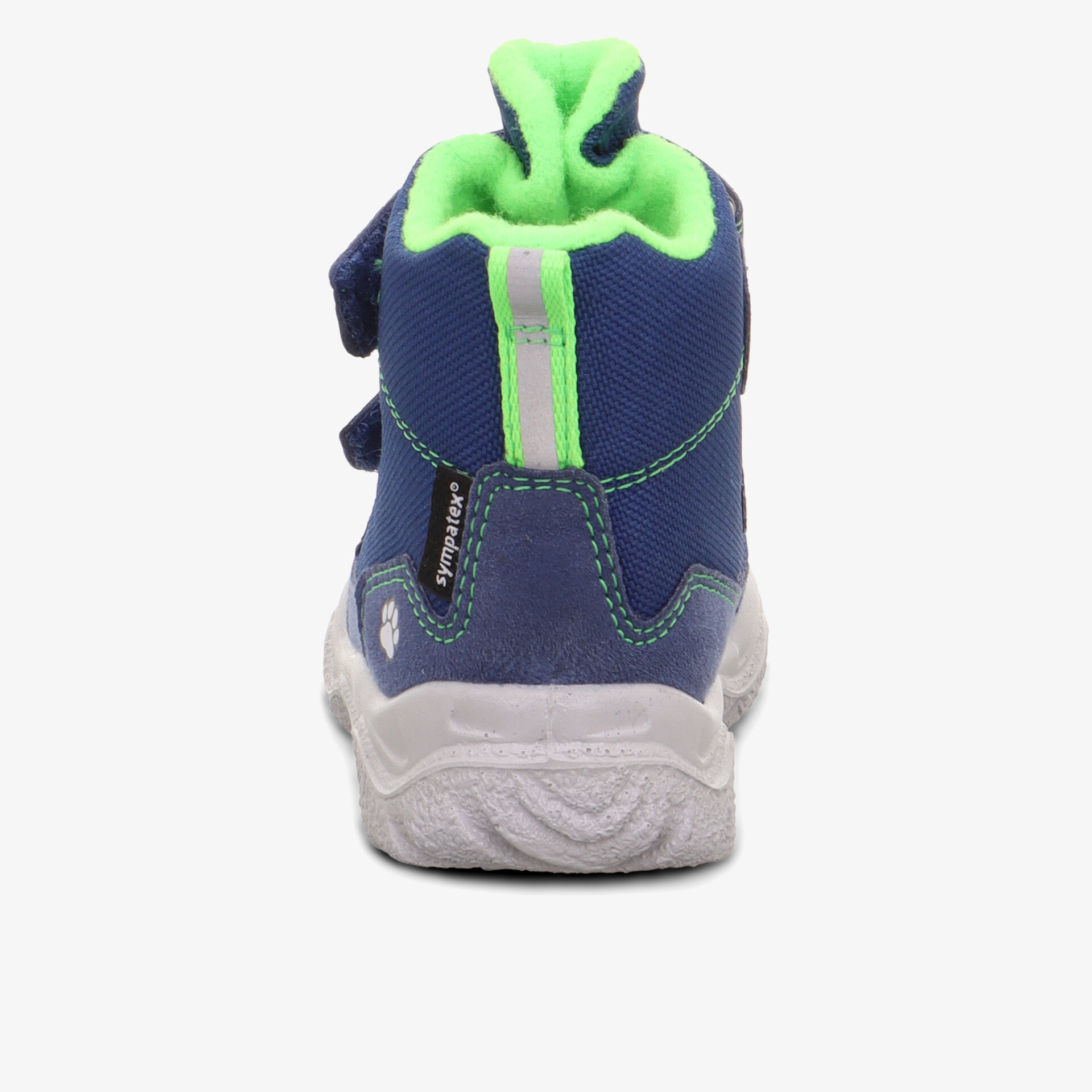 Robuster Winterstiefel Rückansicht mit gepolstertem Schaft und rutschfester Sohle in kräftiger Farbkombination