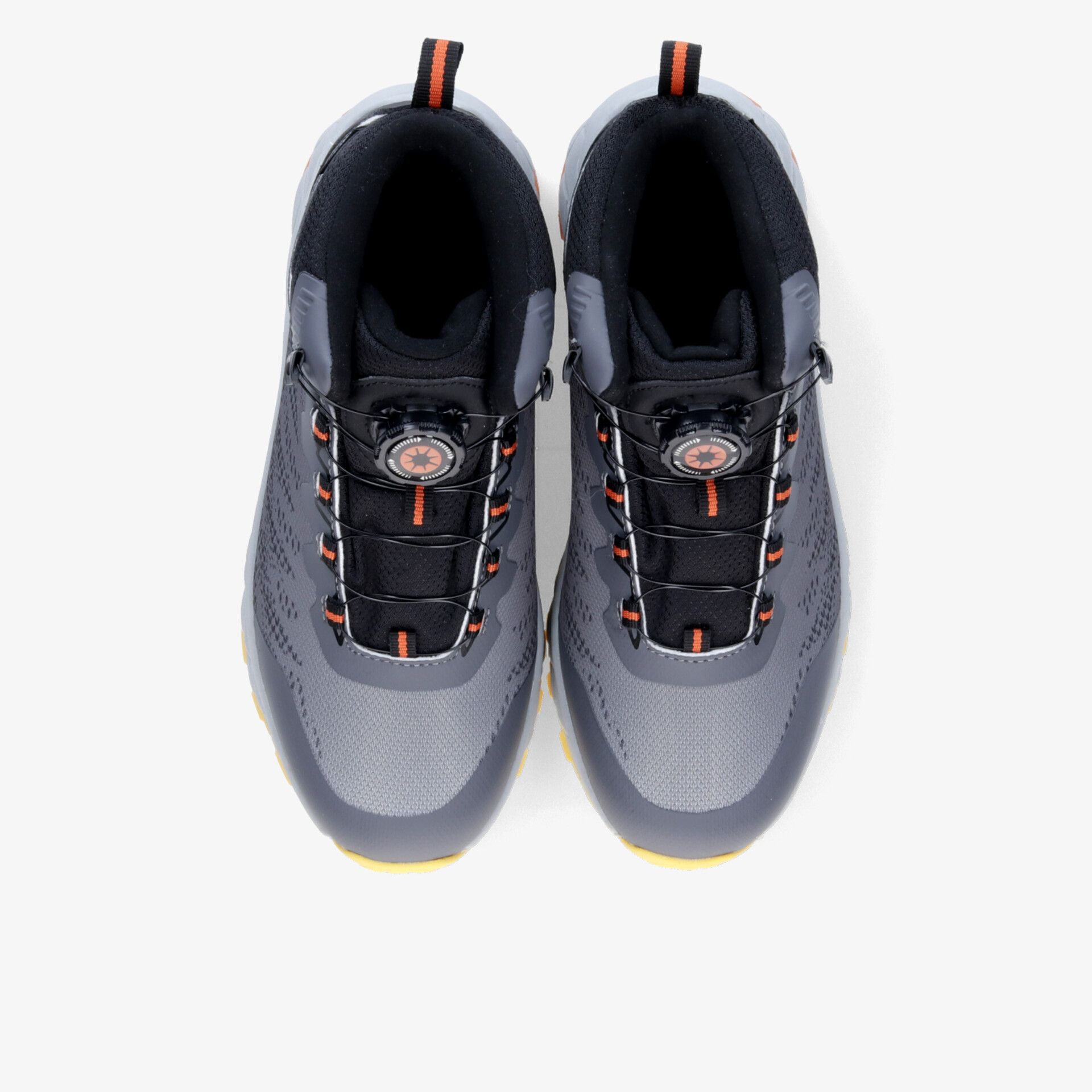 Moderne Sportschuhe in Grau und Schwarz mit komfortabler Polsterung und stabiler Schnürung, Paar von oben