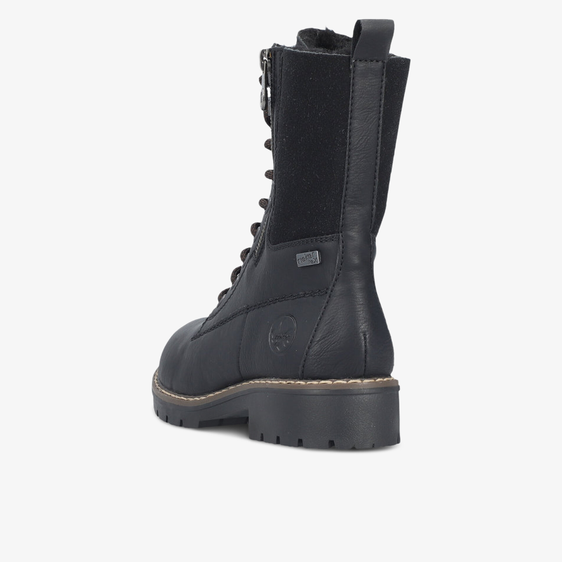 Schwarzer robuster hoher Stiefel mit Schnürung und seitlichem Reißverschluss, Profilsohle und stabiler Form