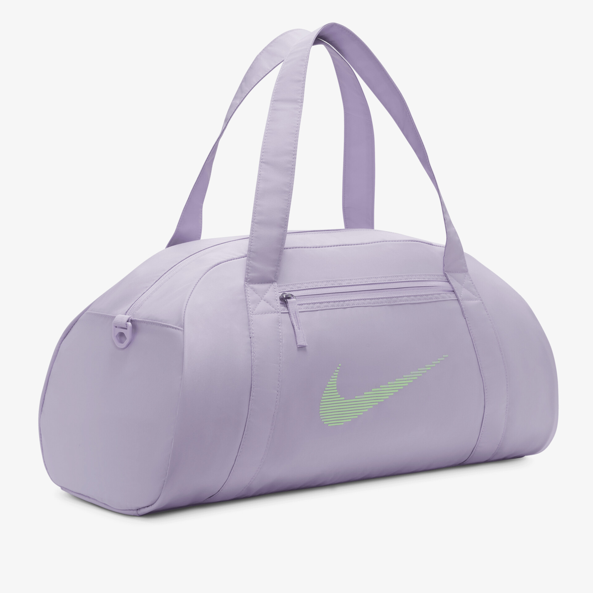 Lila Sporttasche mit grünem Nike-Logo, robuster Reißverschluss und praktische Tragehenkel, kompakt und funktional