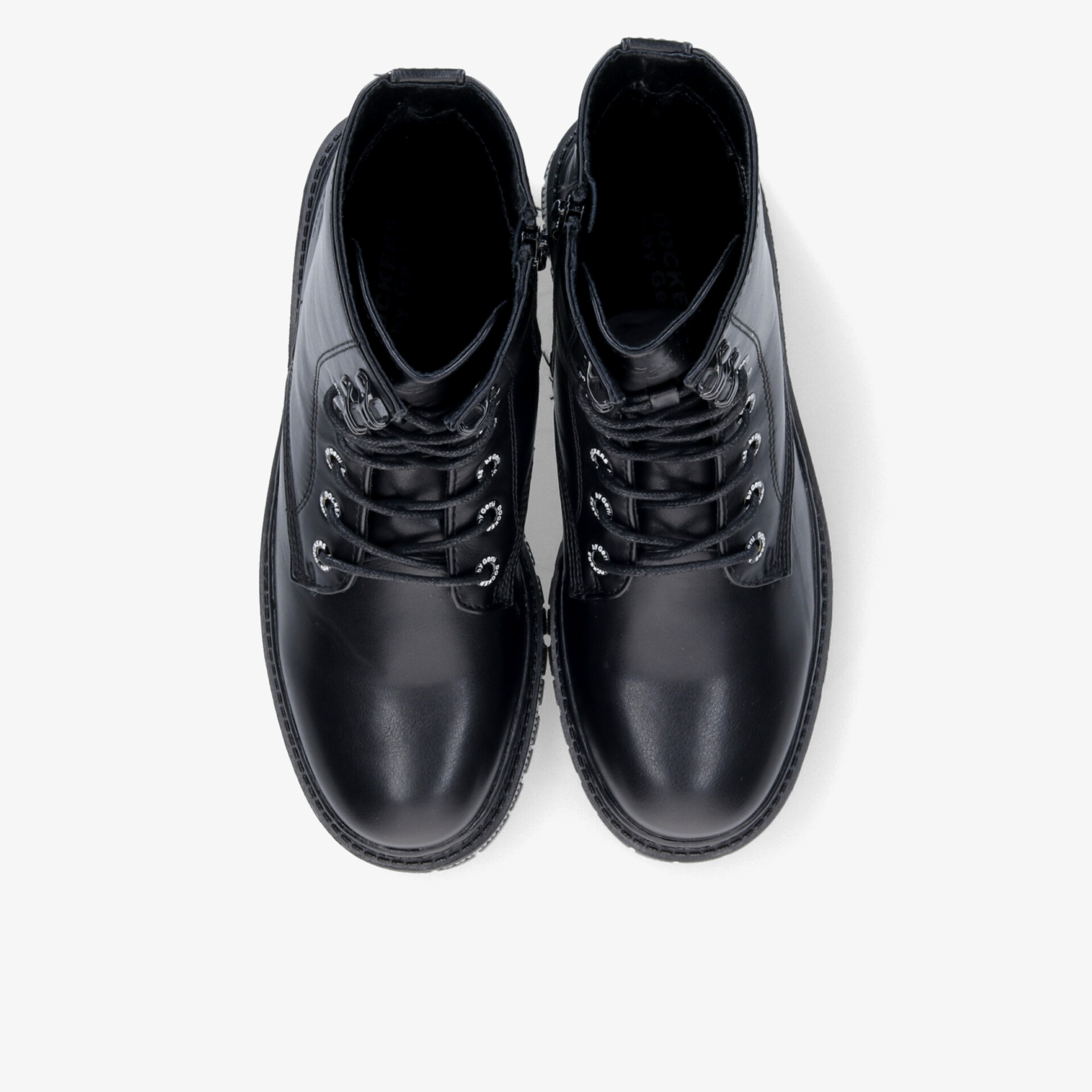Schwarze robuste und bequeme Schuhe mit Schnürsenkeln, gepolsterter Oberfläche und rutschfester Sohle in Paaransicht