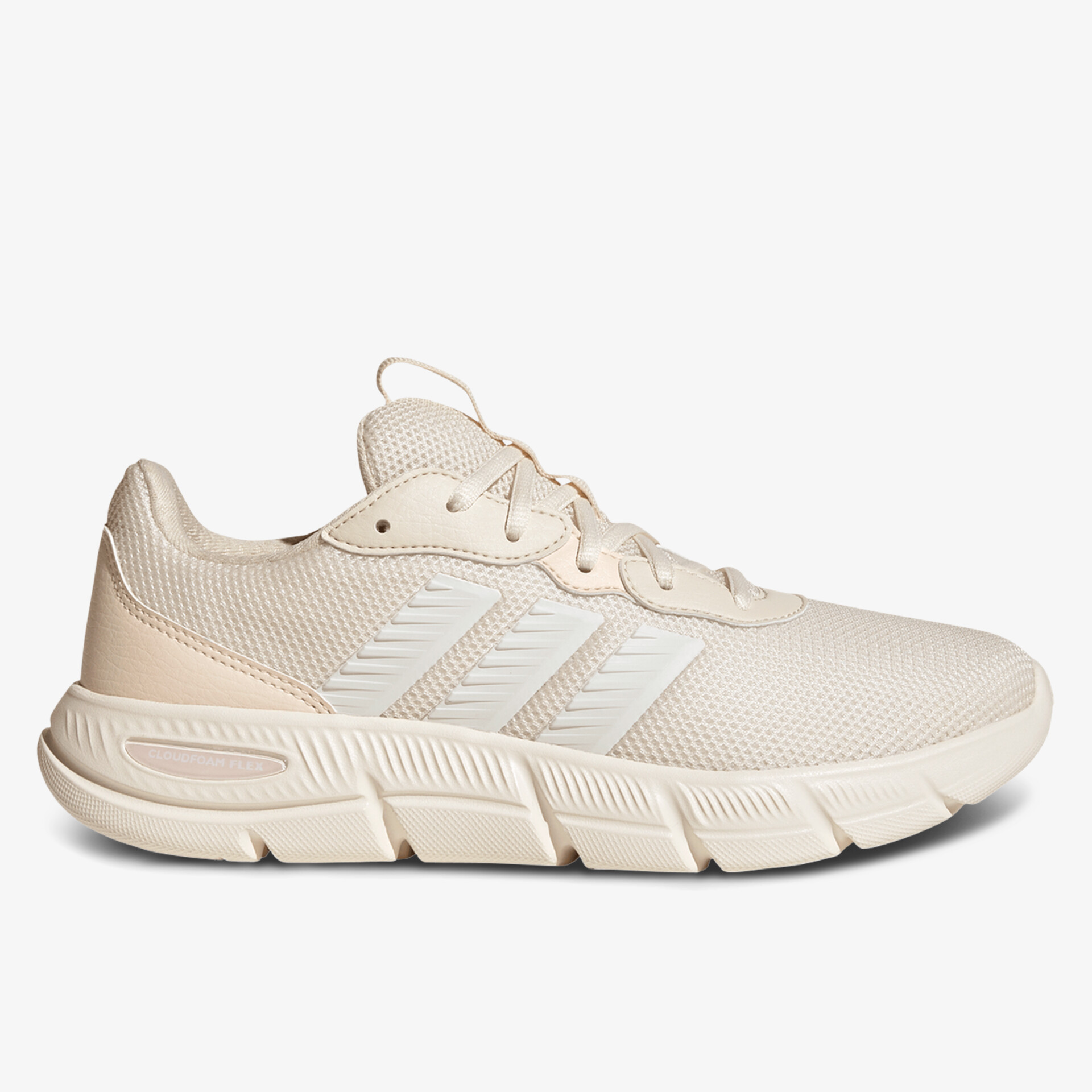 Beiger sportlicher Sneaker mit atmungsaktivem Material und flexibler, rutschfester Sohle in klarer Seitenansicht