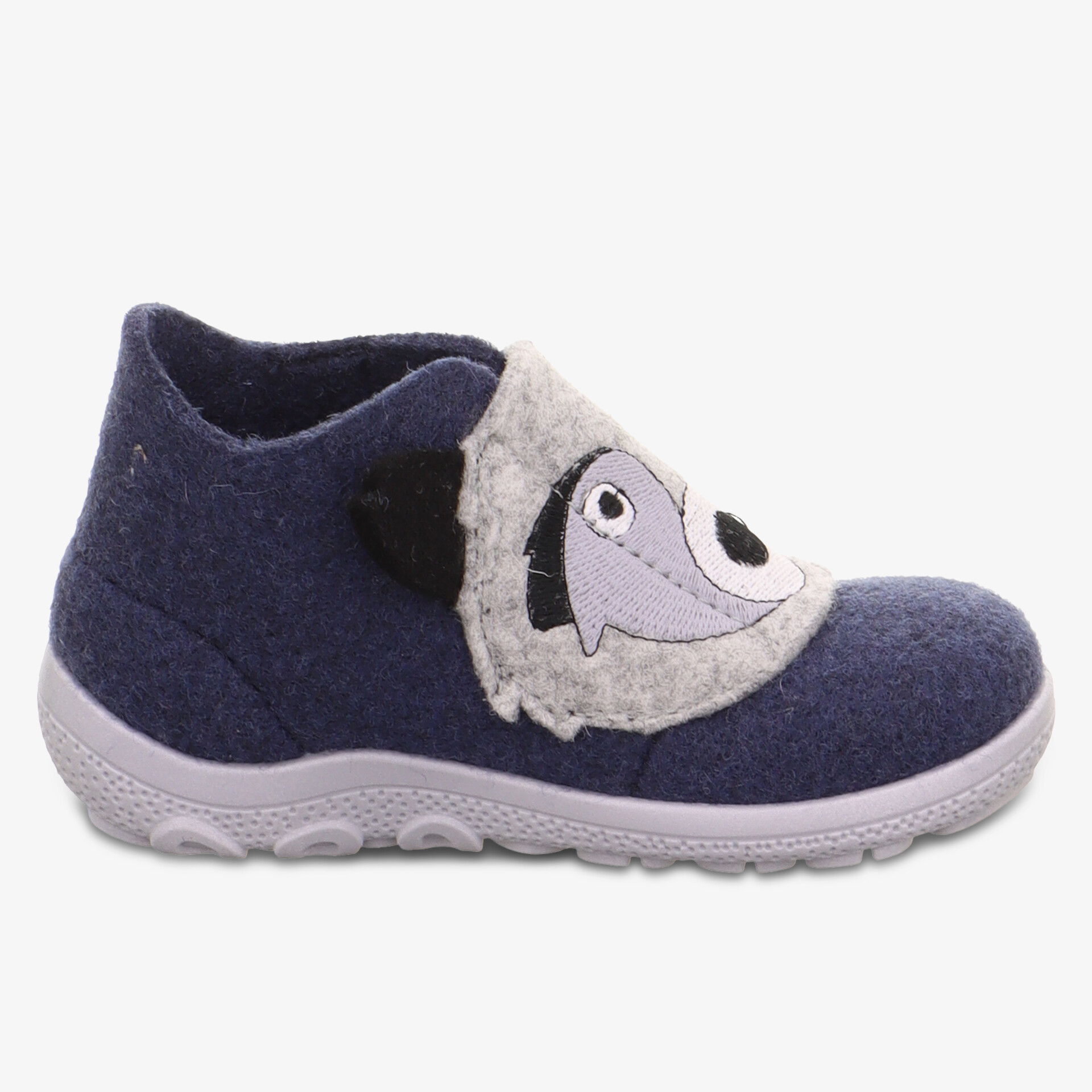 Bequemer Kinderschuh mit weichem Material, rutschfester Sohle und lustigem Tiermotiv seitlich sichtbar