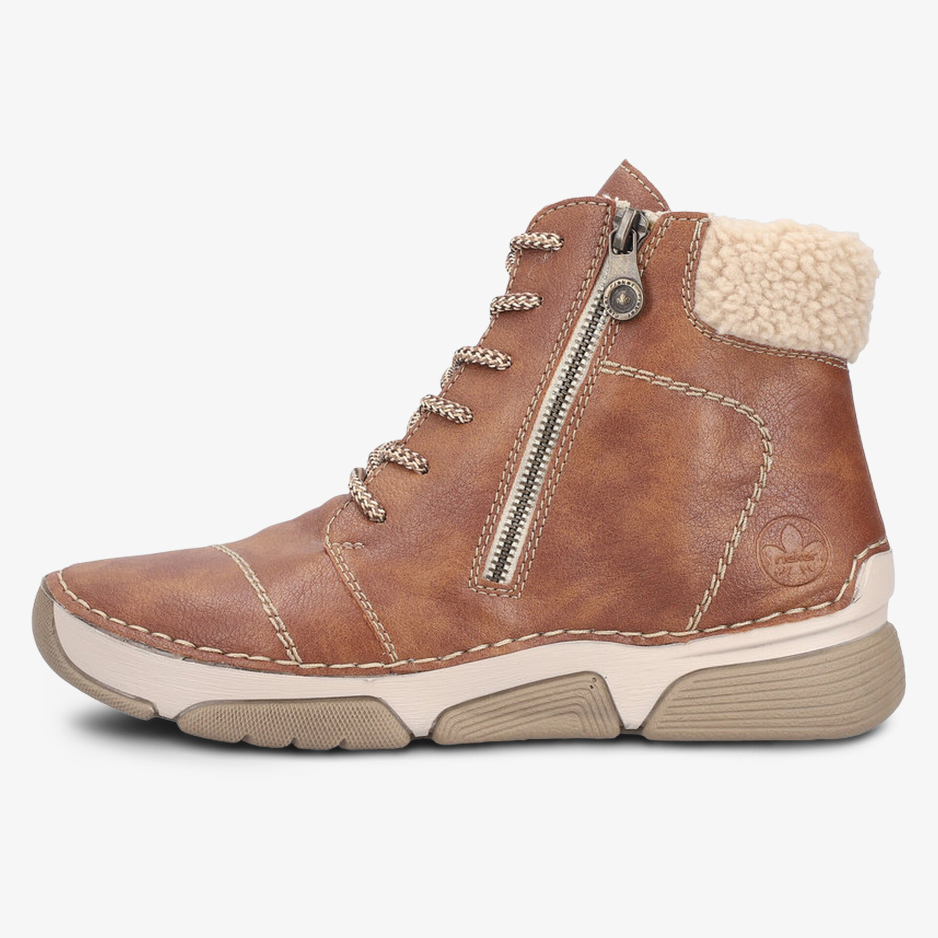 Brauner bequemer Schnürstiefel mit seitlichem Reißverschluss und kuscheligem Futterrand, robust und modisch