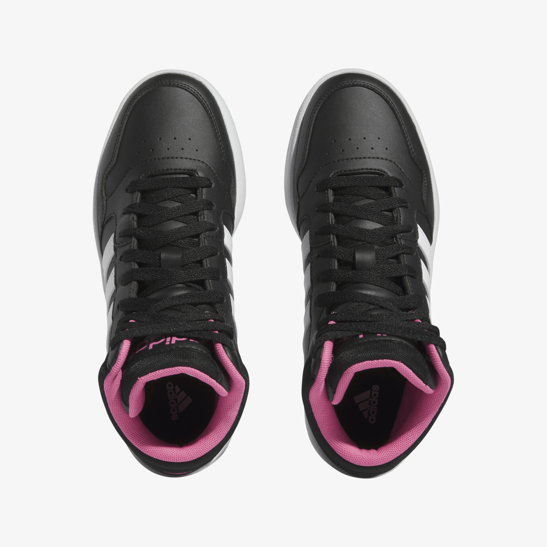 Schwarze Sneaker mit weißen Streifen und pinken Details, ideal für Sport und Freizeit.