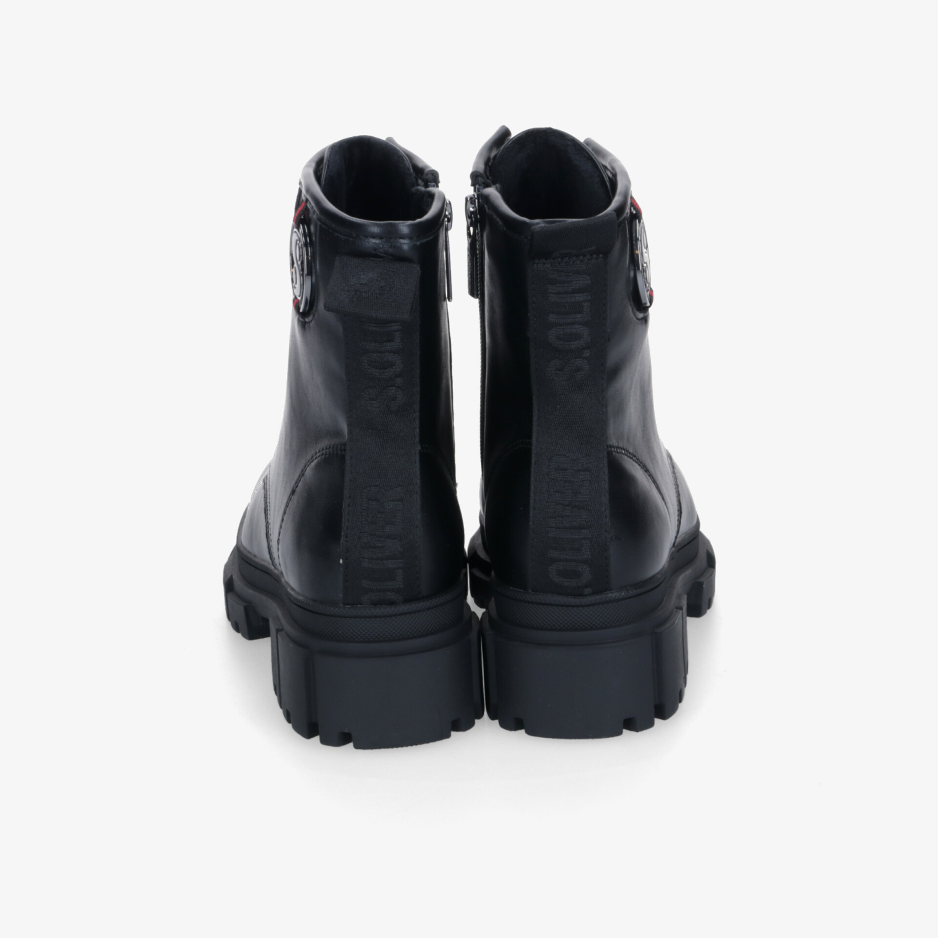 Schwarze robuste Stiefel mit rutschfester dicker Sohle und praktischem Reißverschluss, Rückansicht