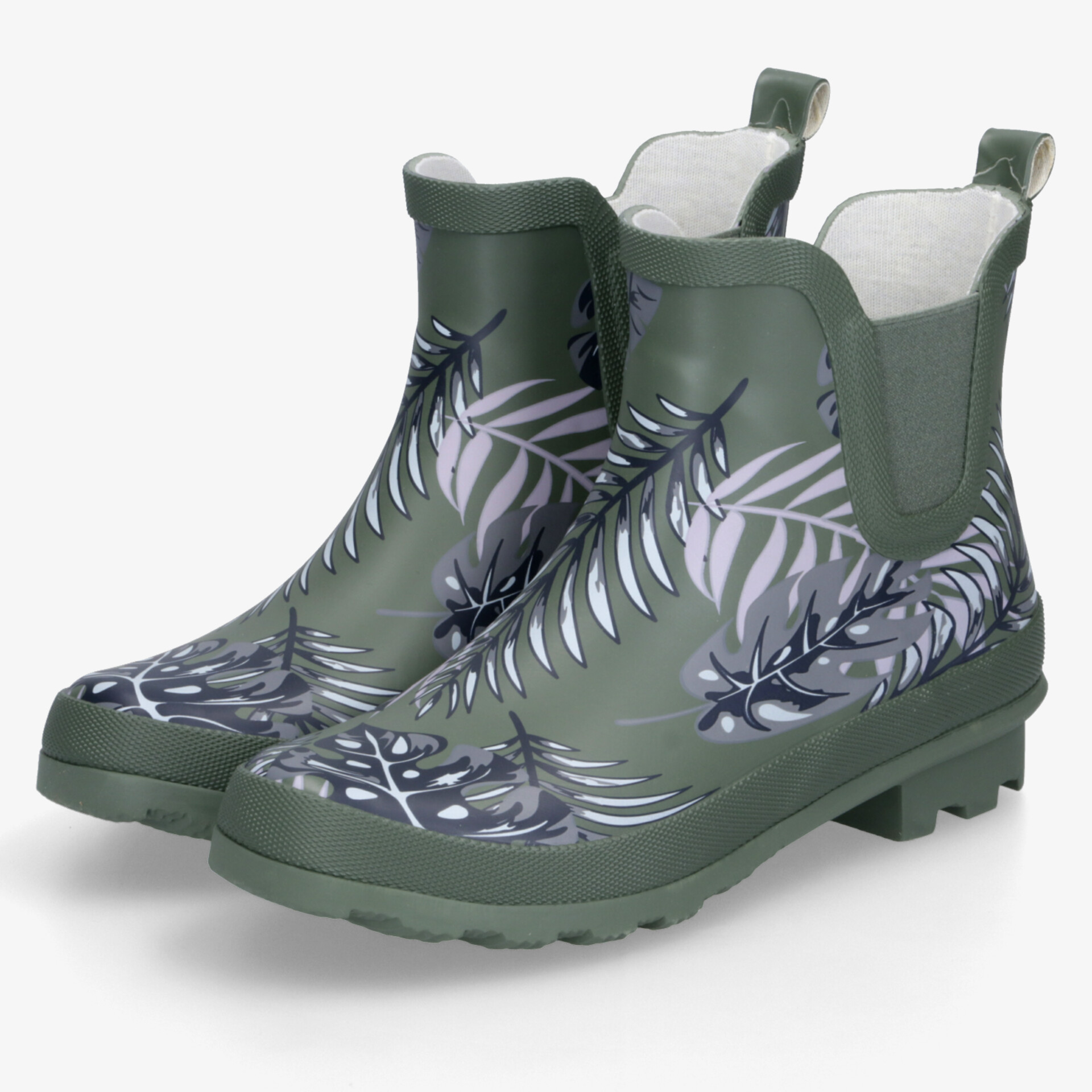 Wasserdichte grüne Gummistiefel mit modischem Blattmuster und rutschfester Profilsohle, angenehm zu tragen