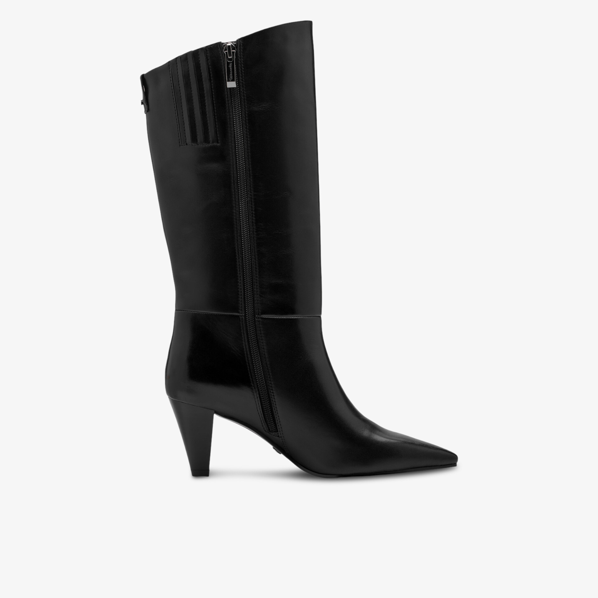 Eleganter schwarzer Stiefel mit spitz zulaufender Vorderseite und stabilem Absatz, aus hochwertigem Leder