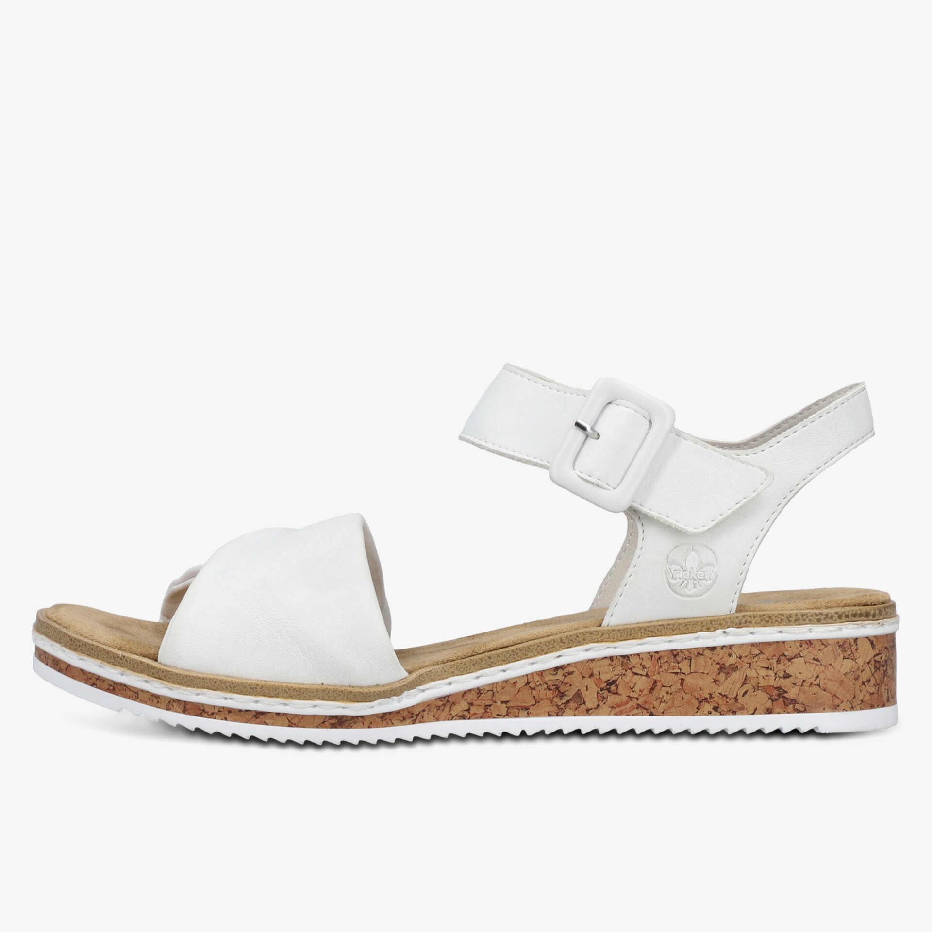 Weißer Sandale mit verstellbarem Riemen und Korksohle für bequemen sommerlichen Tragekomfort