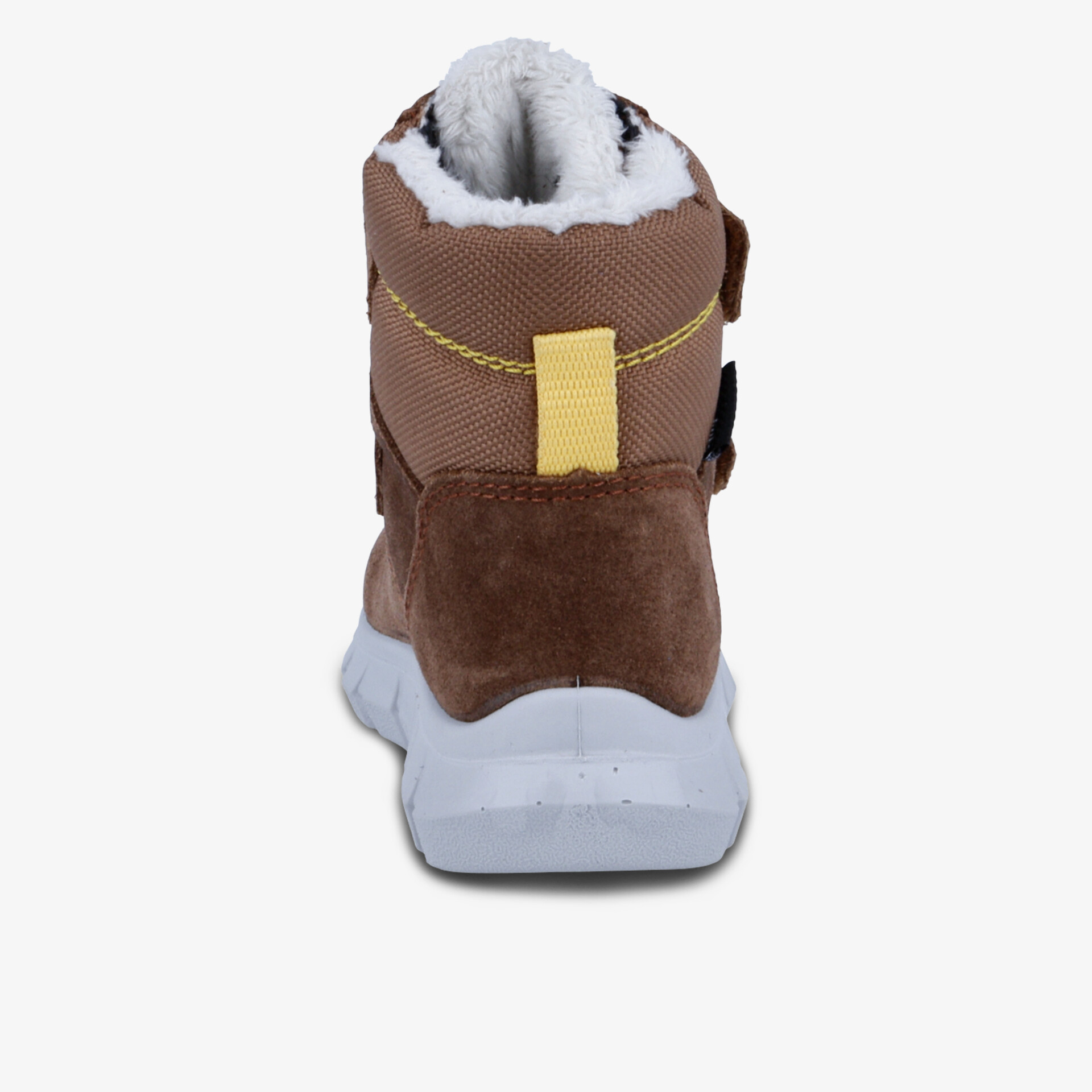 Robuster Schuh mit warmem Innenfutter und rutschfester, weißer Sohle, Rückansicht