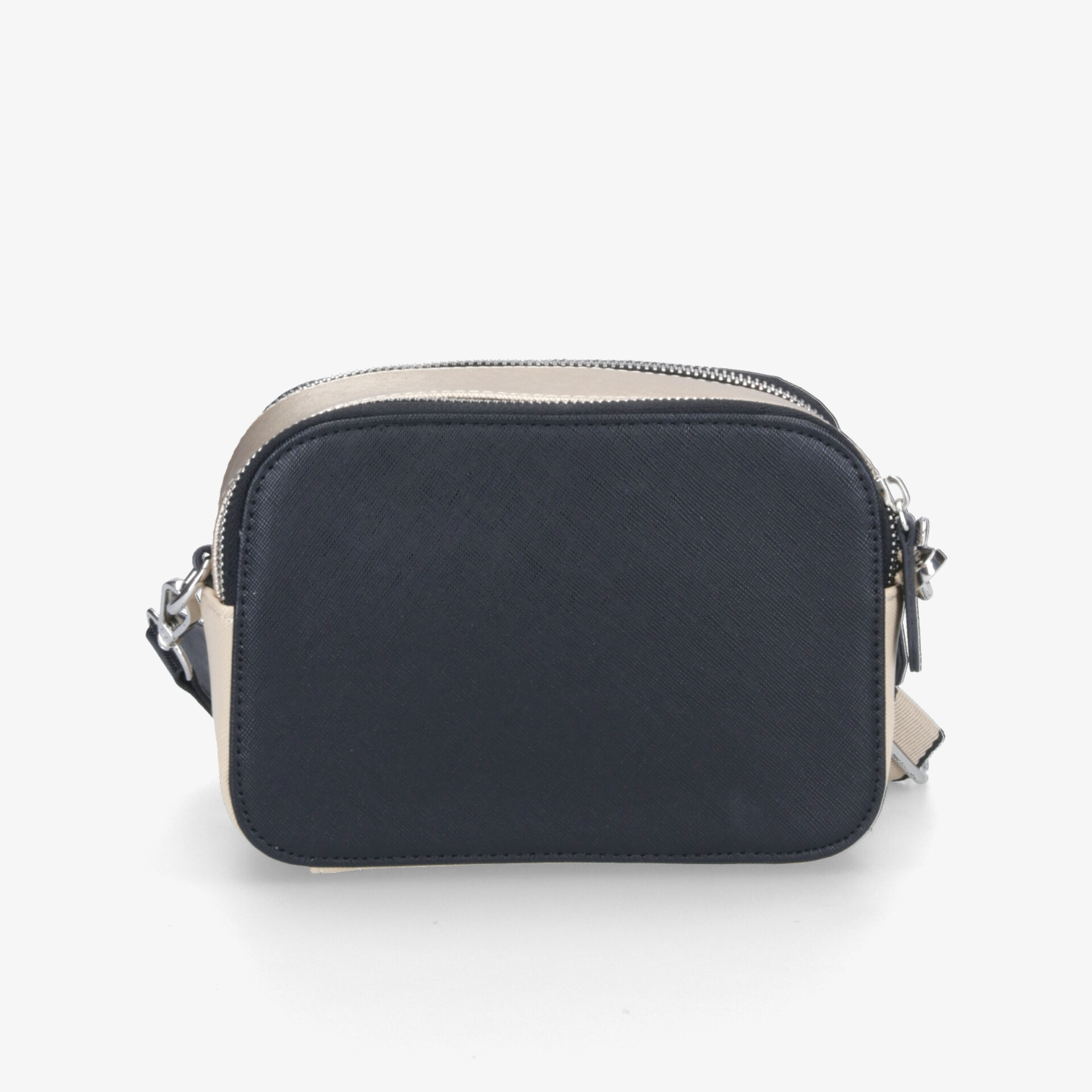 Schwarze kompakte Umhängetasche mit beigen Details und verstellbarem Schultergurt, vorne klar sichtbar