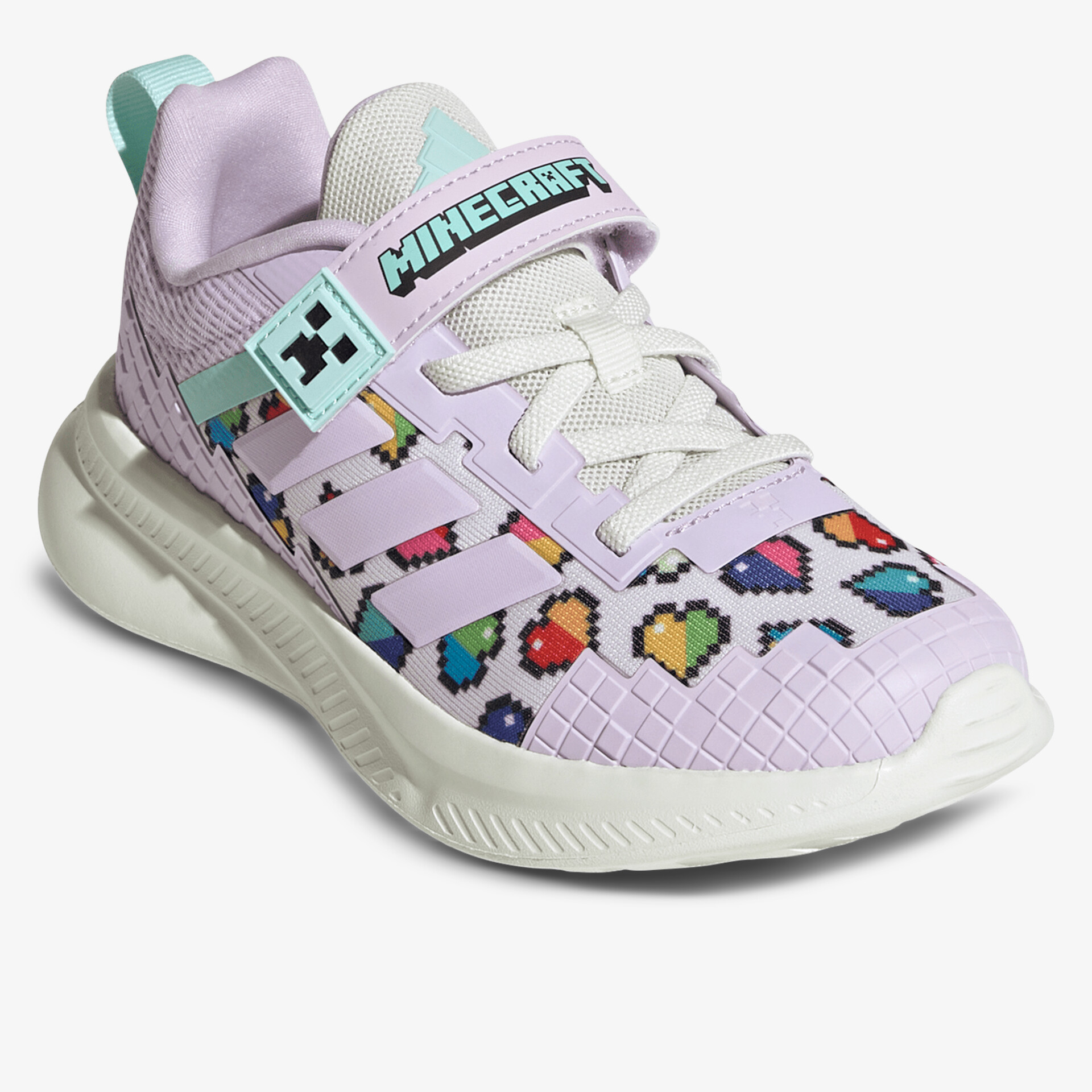 Lila Kinderschuh mit Minecraft-Motiv, bequemer Schnitt, Klettverschluss und sportlicher Sohle