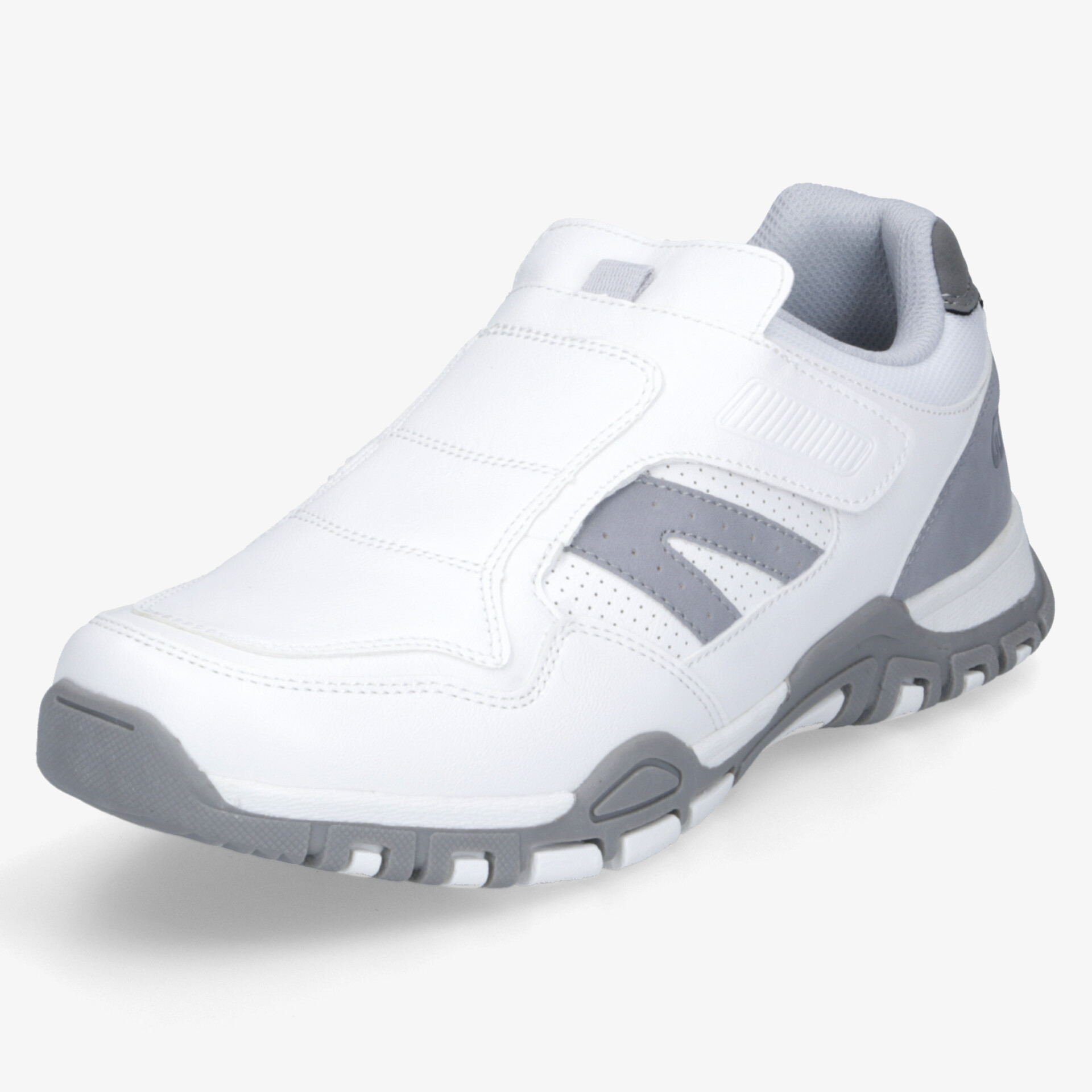 Weiß-grauer Sportschuh mit rutschfester Sohle, gepolsterter Innenausstattung und flexiblem Obermaterial