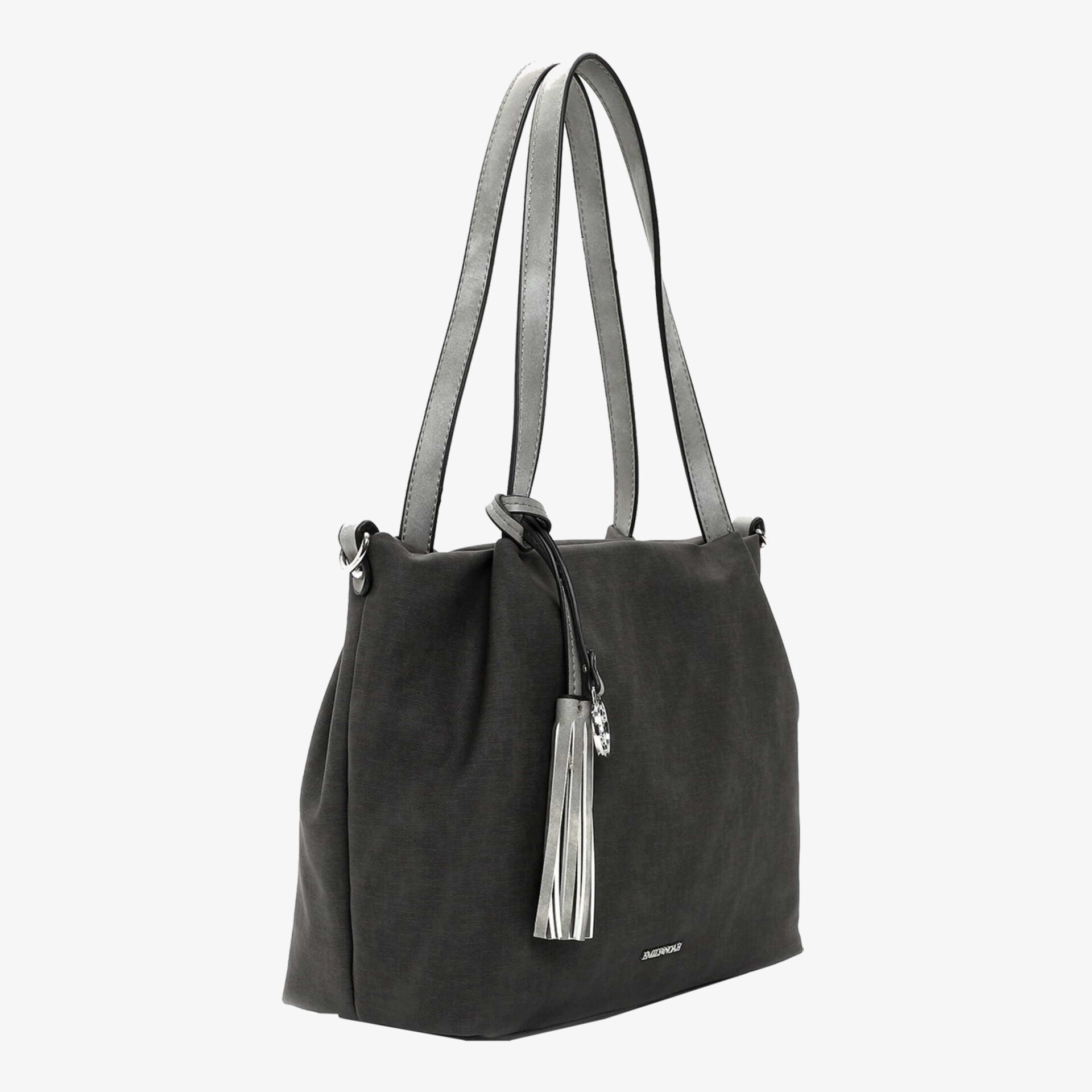 Elegante schwarze Ledertasche mit langen Griffen und Quastenakzent. Perfekt für Alltag und besondere Anlässe.