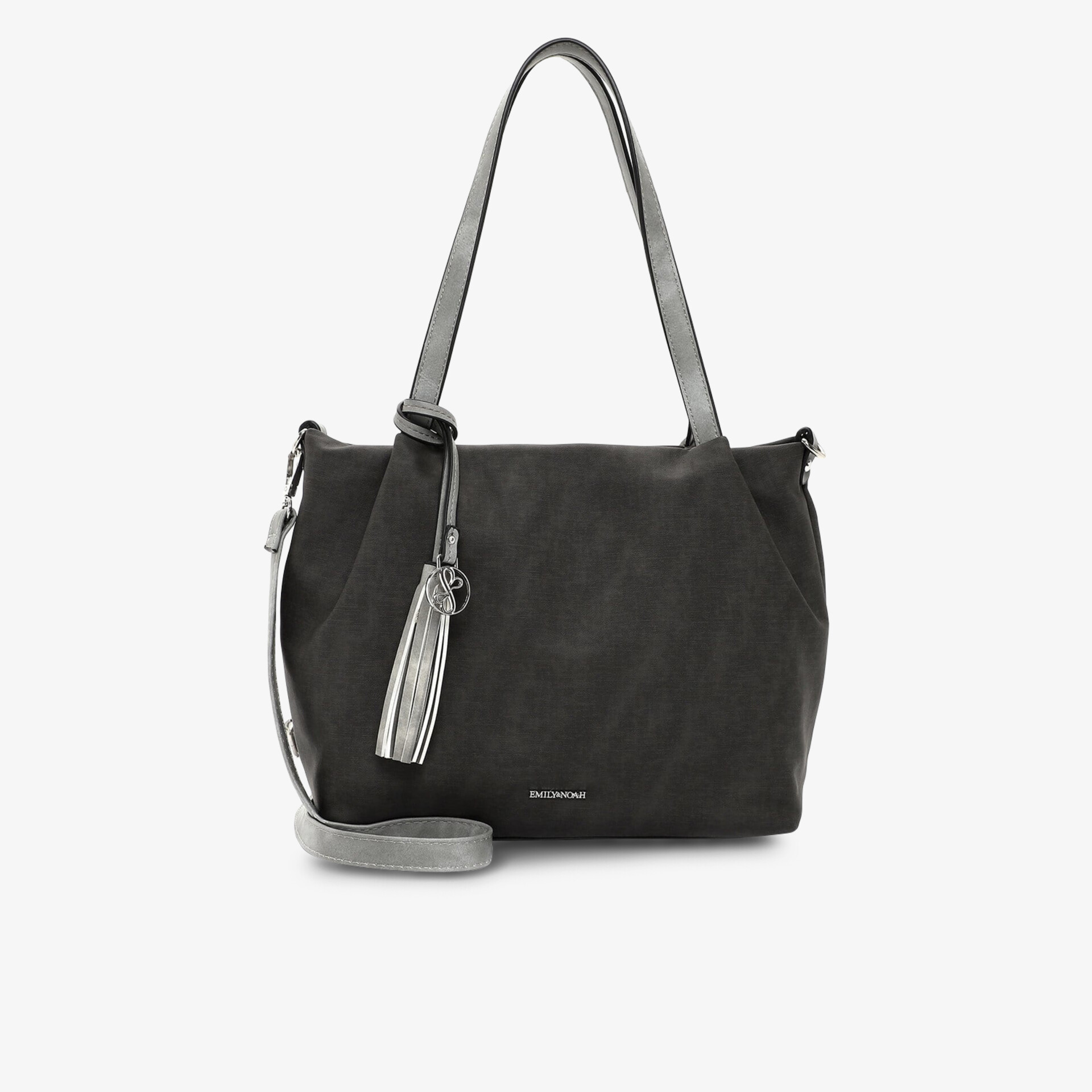 Schwarze geräumige Tasche mit modischem Design, abnehmbarem Anhänger und eleganten langen Henkeln