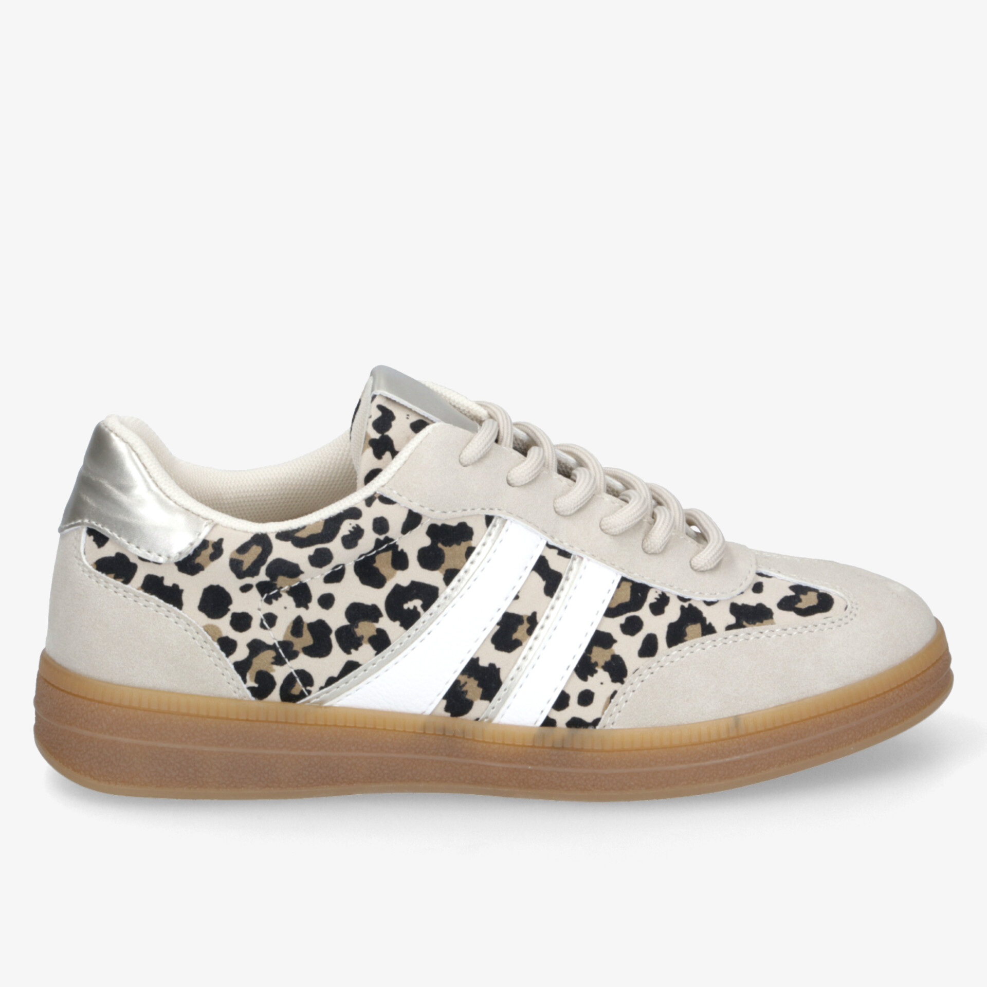 Modischer Sneaker mit Leopardenmuster und silbernem Detail, innovative Dämpfung und rutschfeste Sohle.