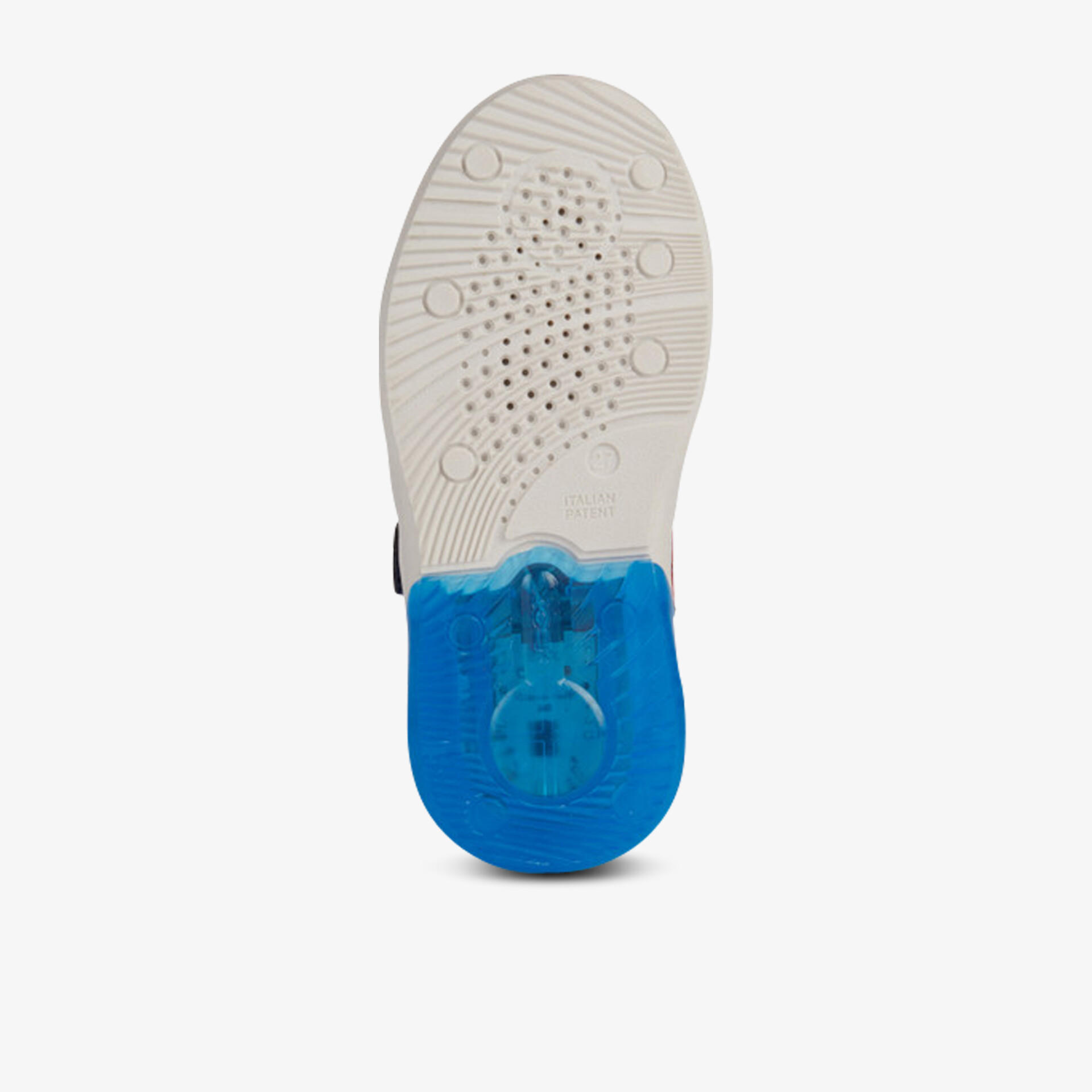 Leistungsstarke Sportschuhsohle mit rutschfestem Profil und stoßdämpfendem Fersenelement.