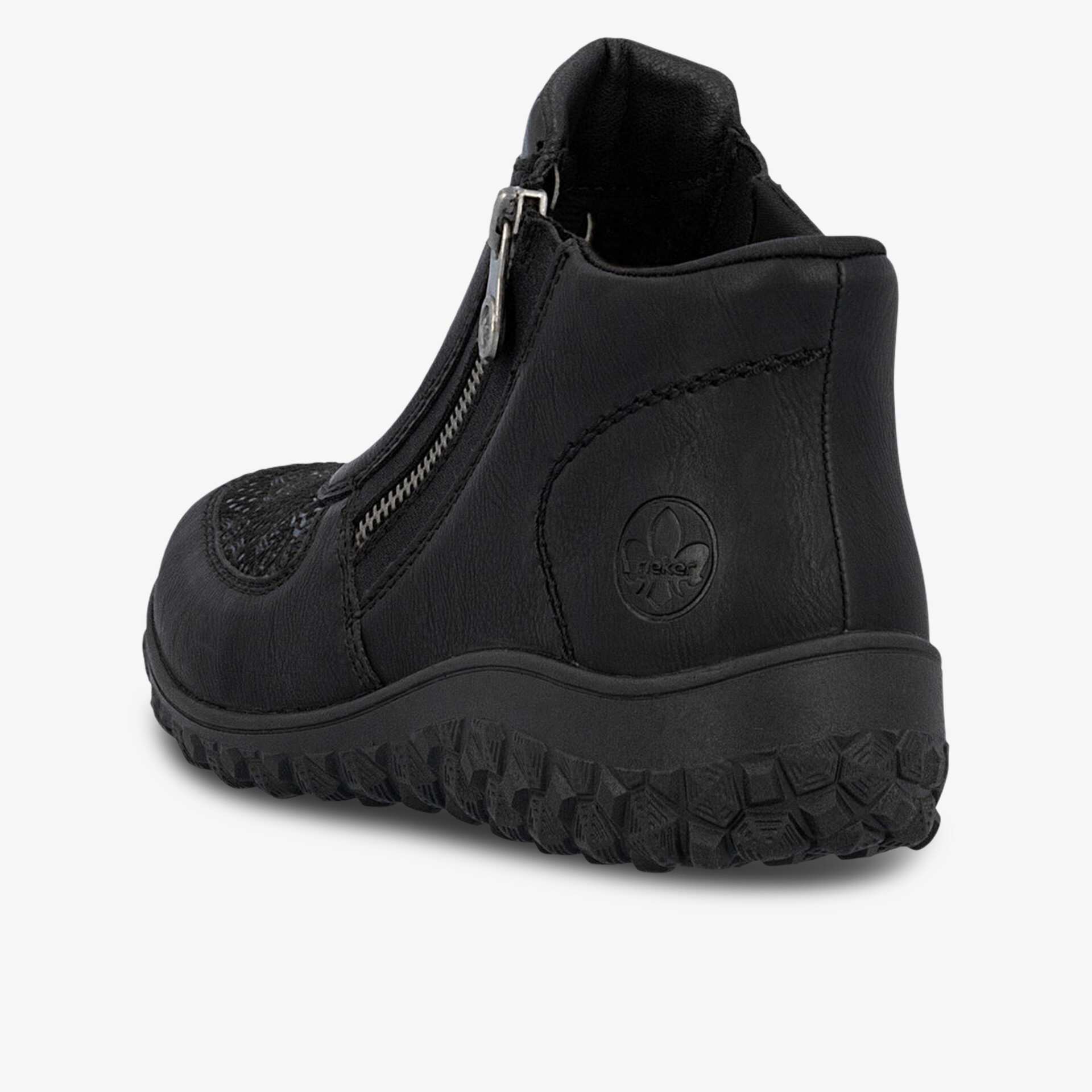 Robuster schwarzer Schuh mit profilstarker Sohle und praktischem seitlichem Reißverschluss