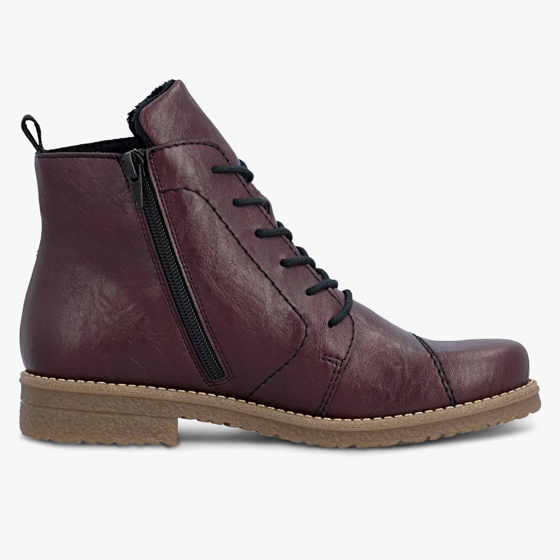 Komfortabler Lederschnürstiefel mit praktischem Reißverschluss und robuster Gummisohle, seitliche Ansicht