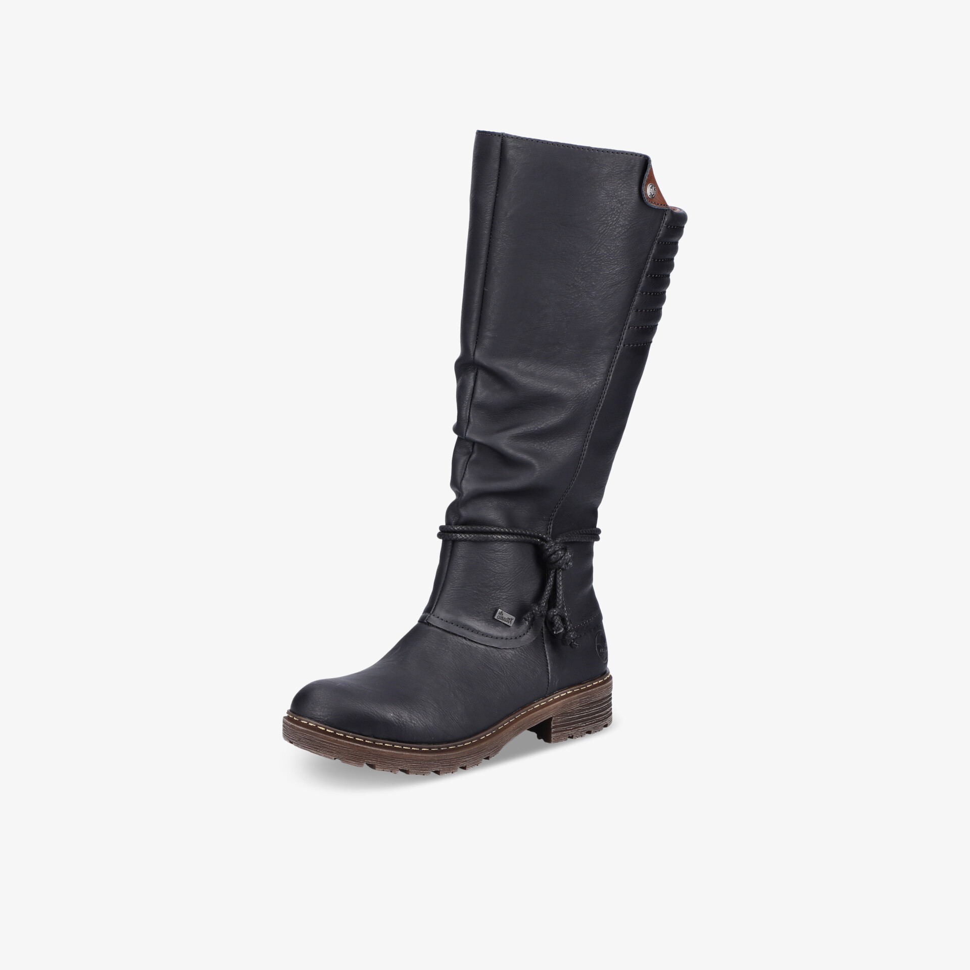 Schwarzer hoher Stiefel aus robustem Leder mit stabilem Absatz und modischem Design in klarer Seitenansicht