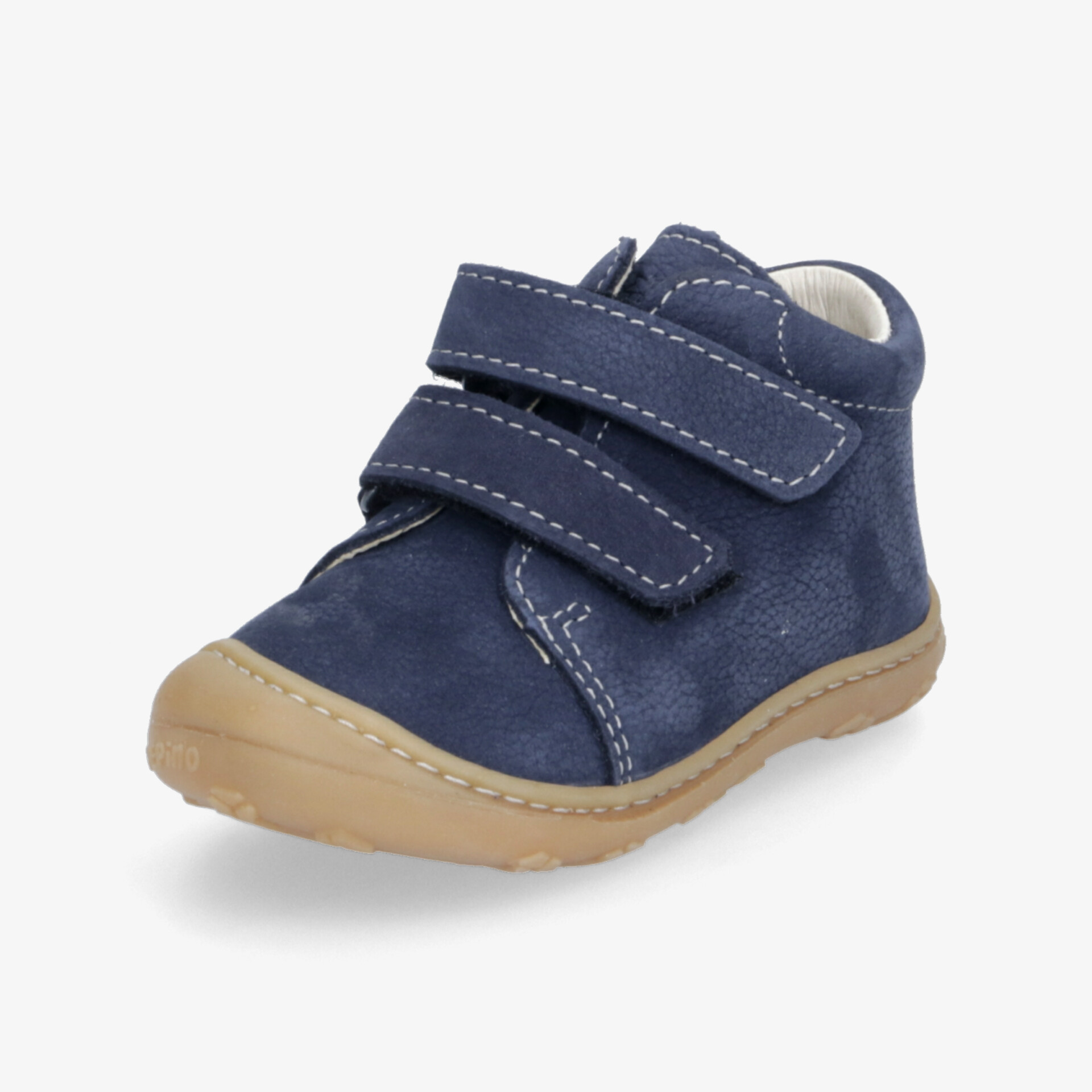 Blauer Kinderbarfußschuh mit zwei Klettverschlüssen, flexibler und robuster Sohle, bequemer Alltags-Schuh