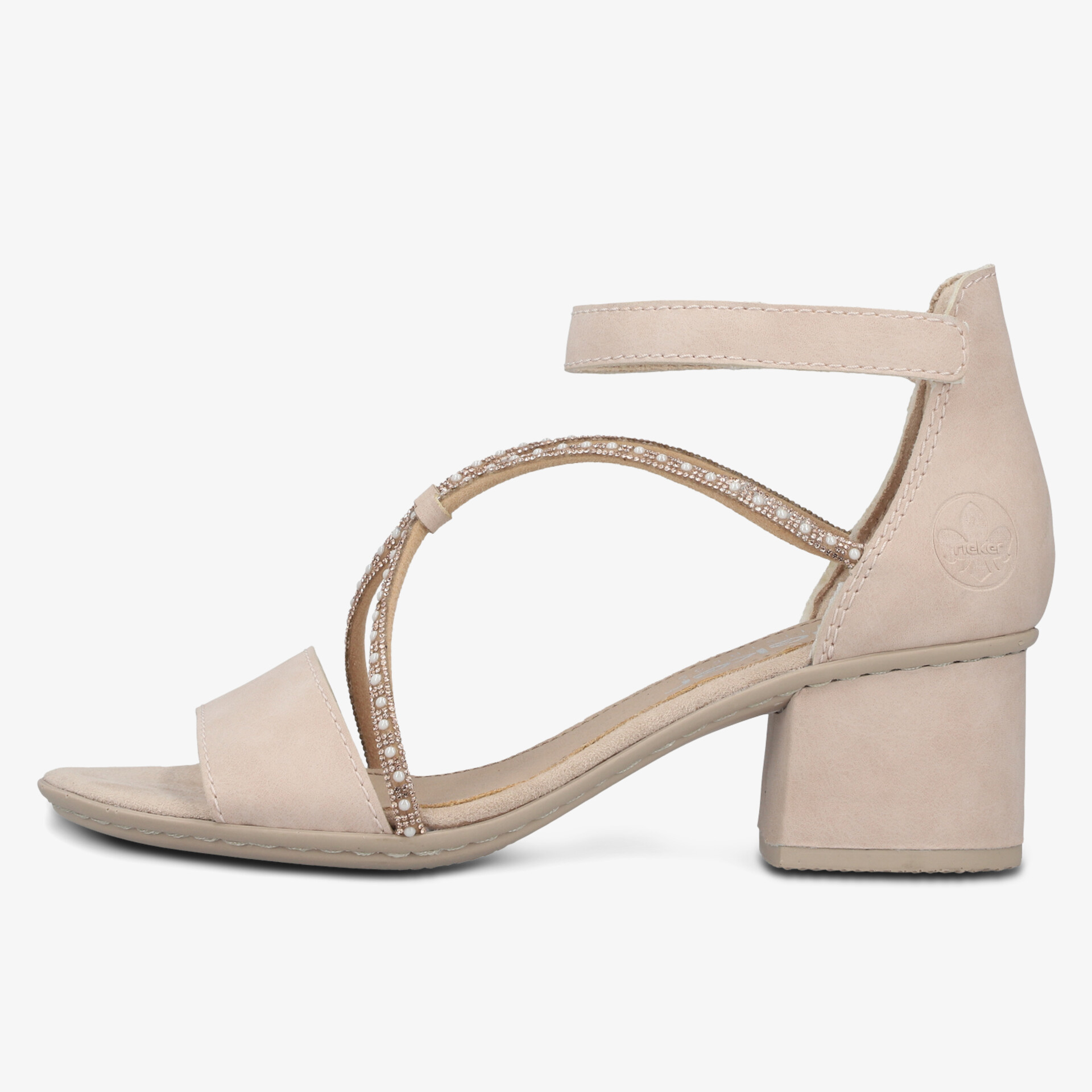 Elegante Sandale mit bequemem Blockabsatz und verstellbarem Knöchelriemen in seitlicher Ansicht