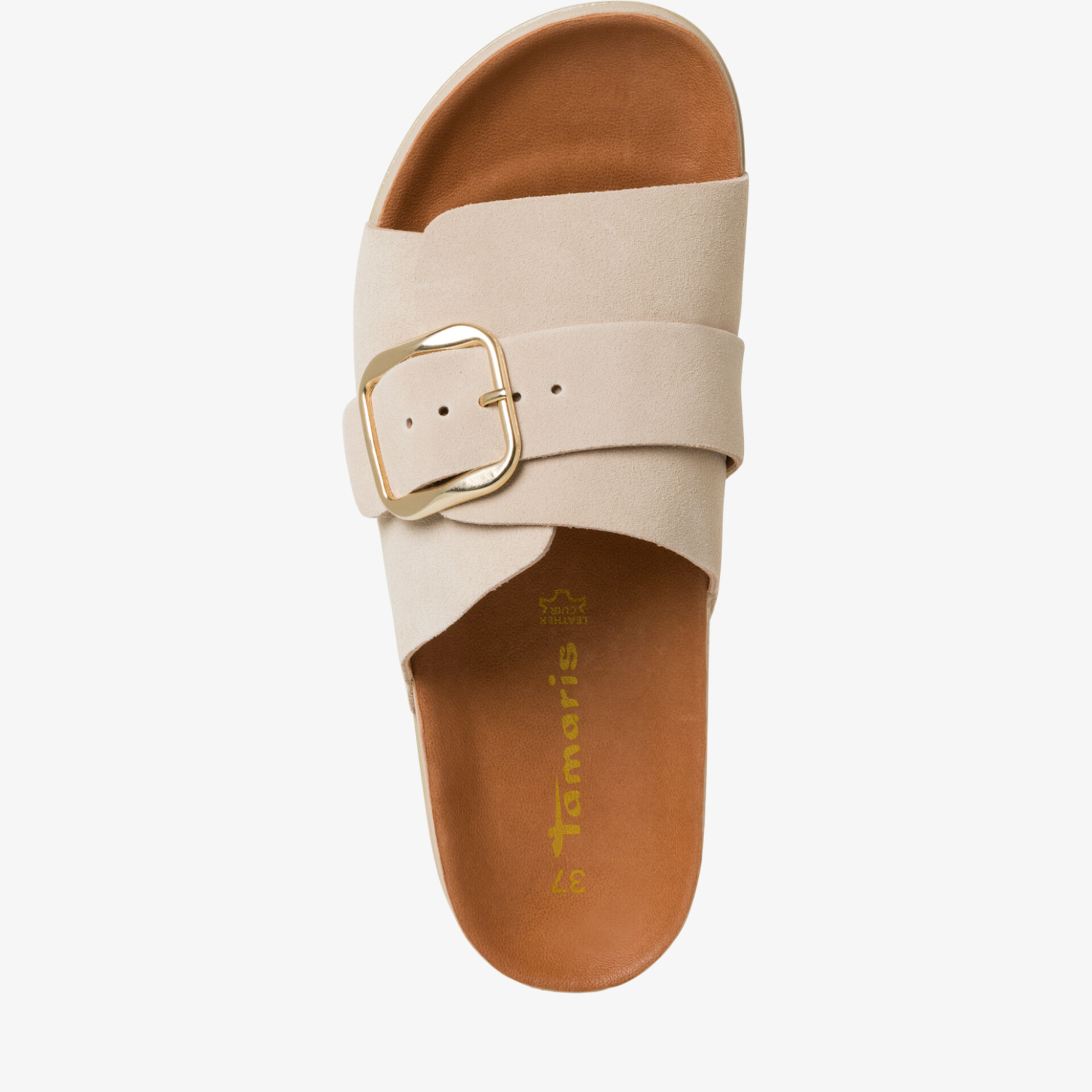 Bequeme beige Sandale mit eleganter goldener Schnalle, verstellbar für optimalen Sitz und edles Design