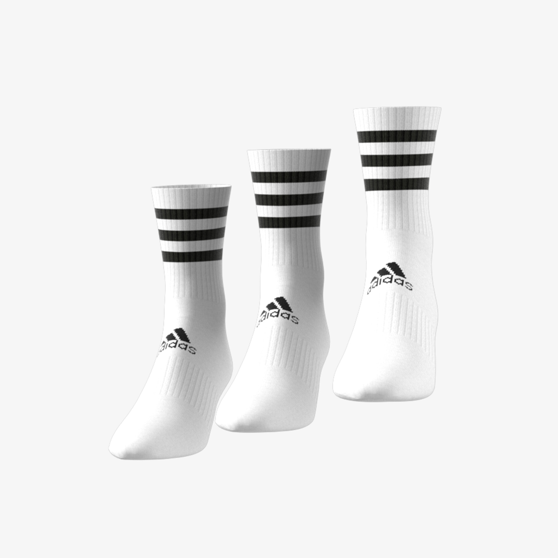 Bequeme weiße Sportsocken mit ikonischen schwarzen Streifen und Logo, ideal für Sport und Freizeit.
