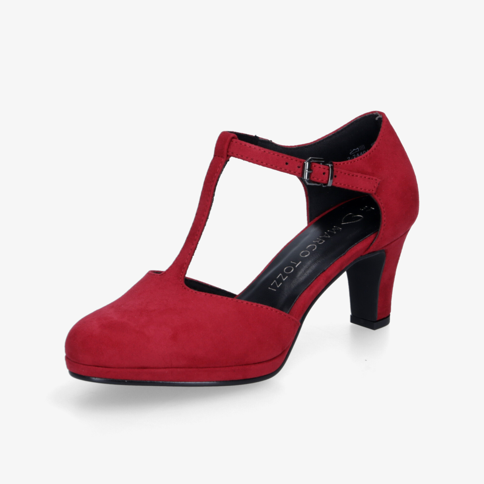 Eleganter roter T-Riemen-Pumps mit mittelhohem Absatz und geschlossener Spitze, ideal für stilvolle Anlässe