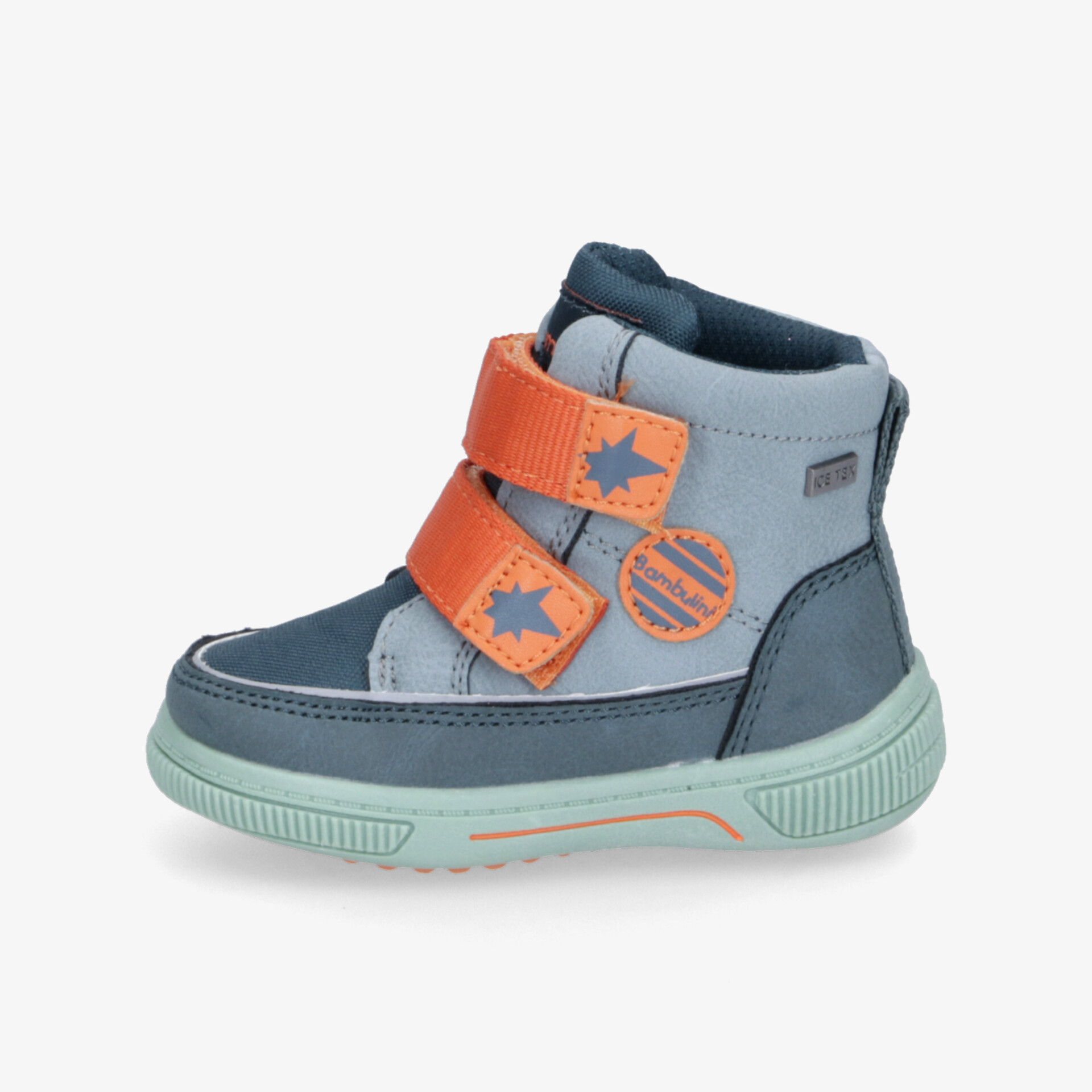 Kinder Sneaker in Blau mit orangefarbenen Klettverschlüssen, weich gepolstert und rutschfester Sohle