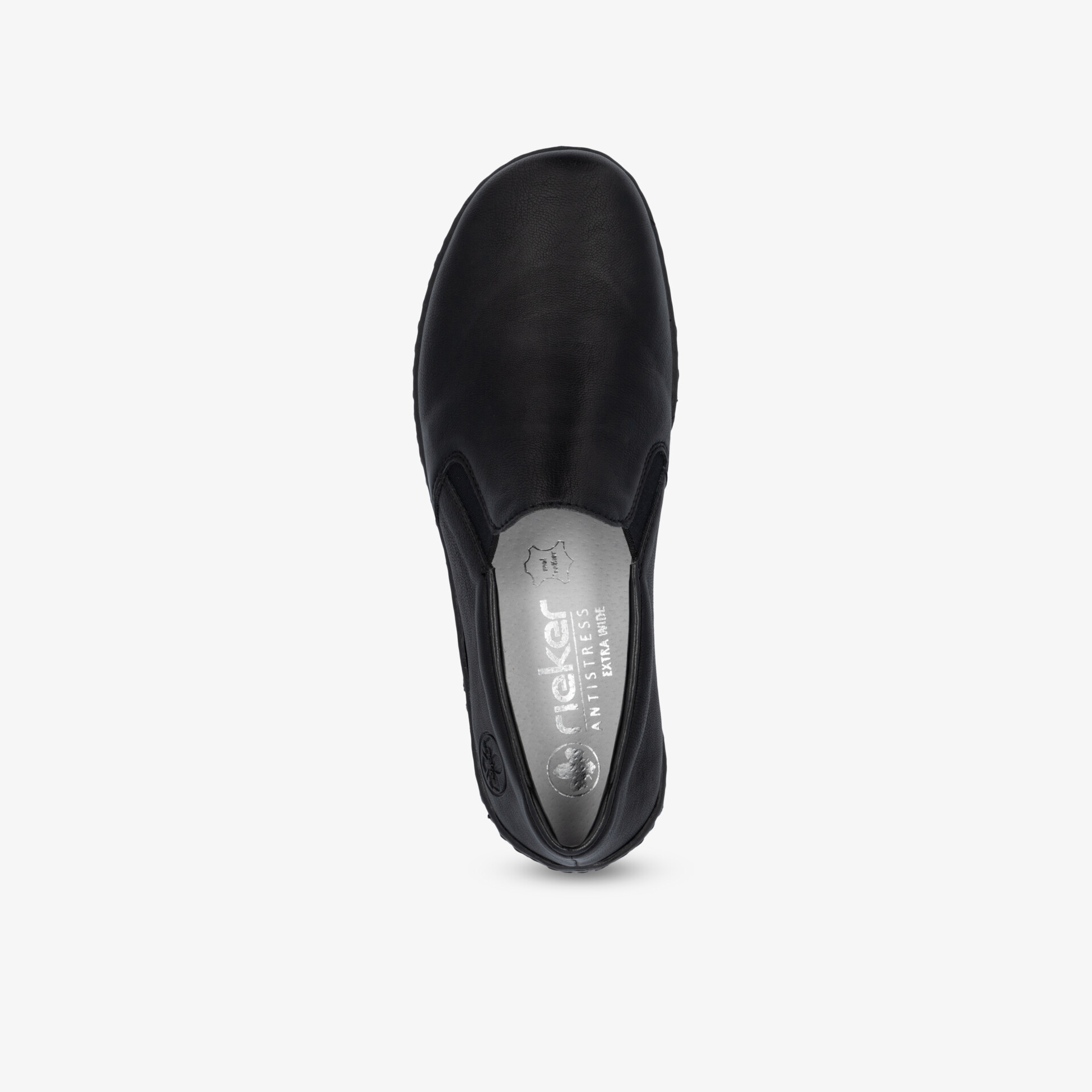 Eleganter schwarzer Schlupfschuh mit glatter Oberfläche und bequemem Sitz in Draufsicht fotografiert