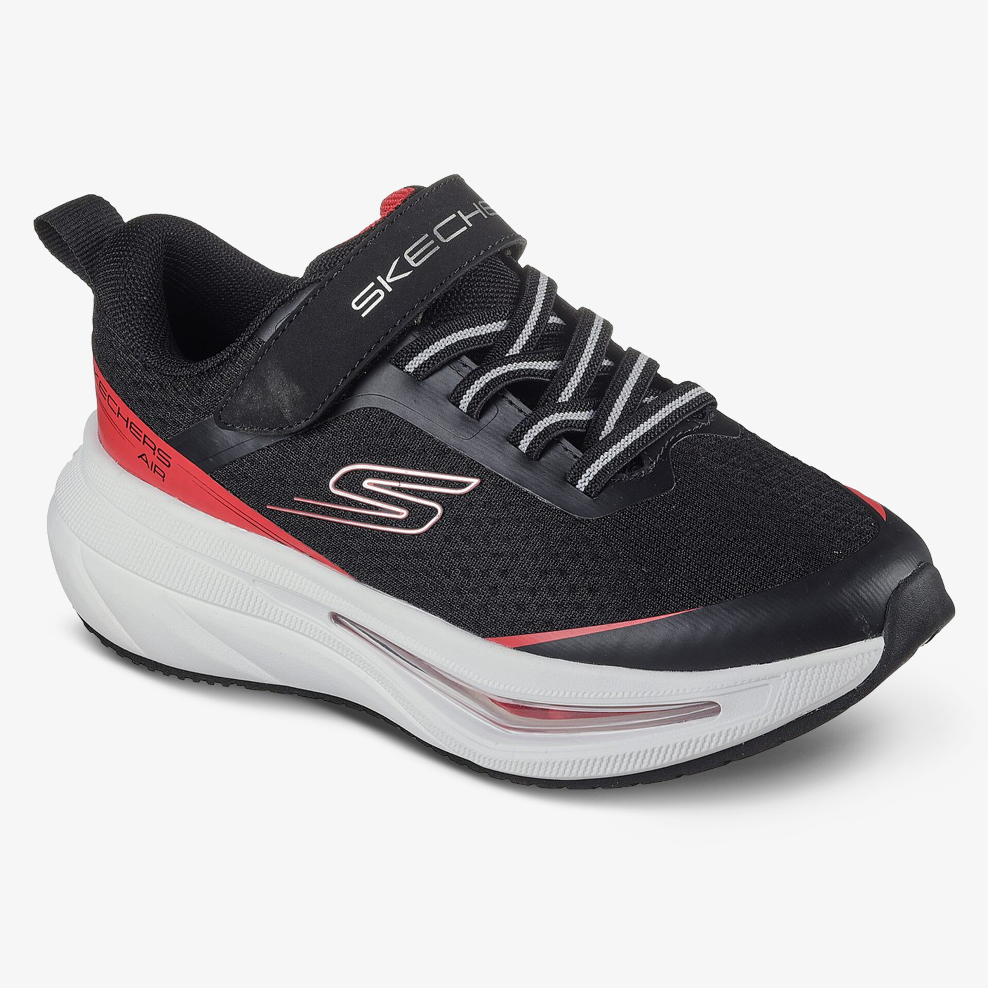 Moderner Sneaker in Schwarz-Rot mit weißer Sohle und innovativem Design für hohen Tragekomfort.