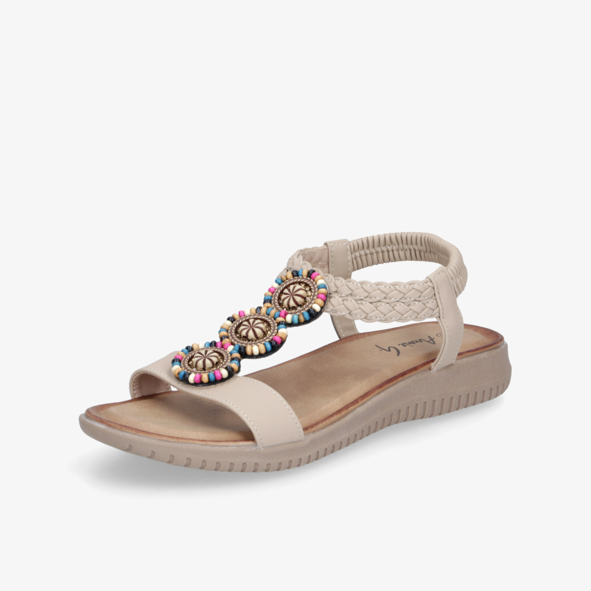 Bequeme Sandale mit flacher Sohle und dekorativen Perlen, ideal für den sommerlichen Alltag und leichte Aktivitäten.