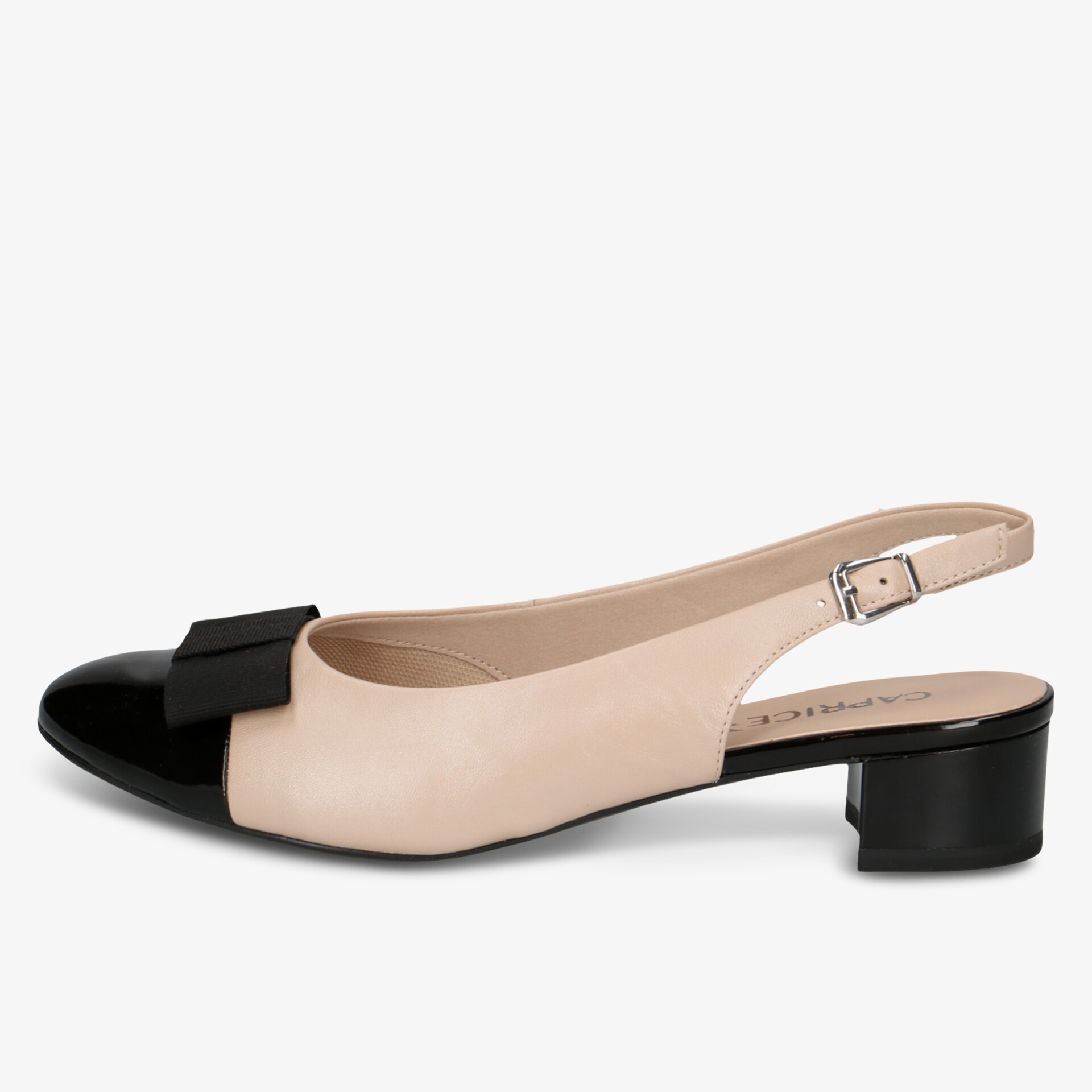 Eleganter zweifarbiger Slingback Pumps mit verstellbarem Riemen und mittlerem Blockabsatz in seitlicher Ansicht