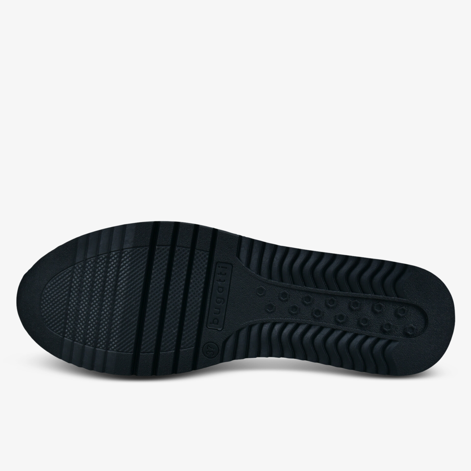 Robuste schwarze Schuhsohle mit ausgezeichnetem Grip und Stoßdämpfung für optimalen Tragekomfort.