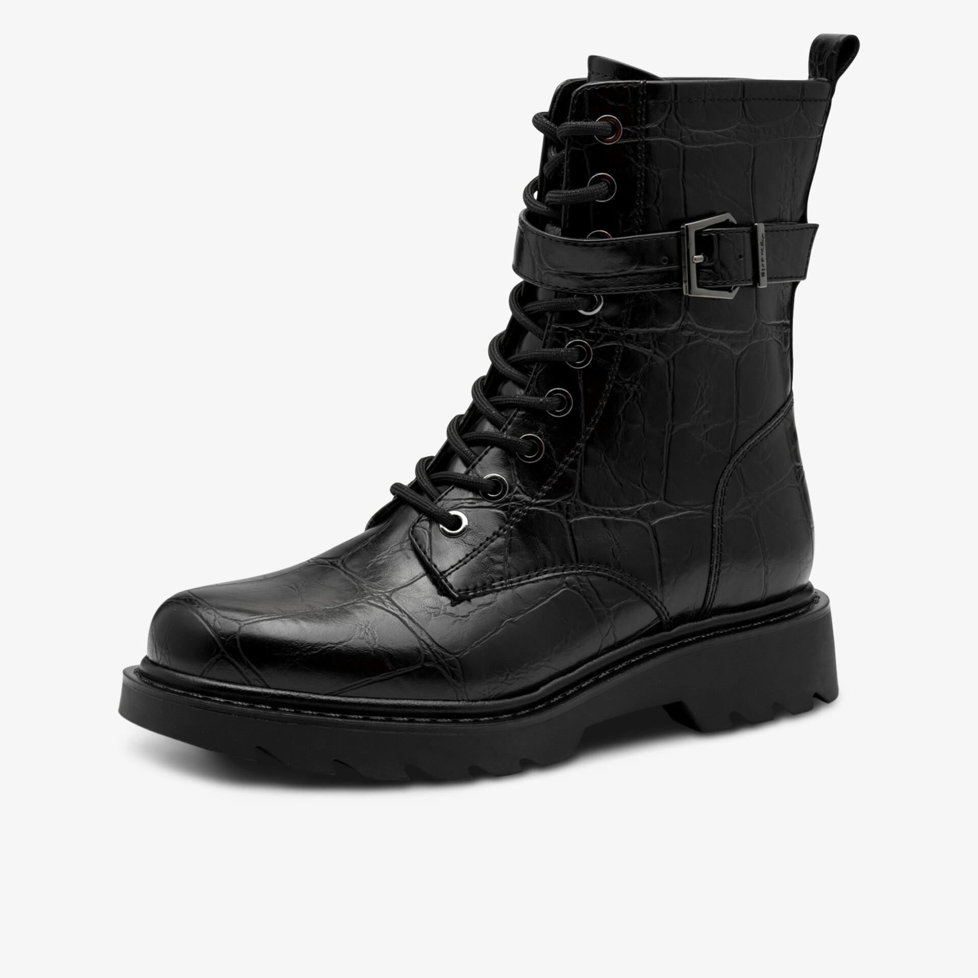 Schwarzer robuster Bergstiefel mit Schnürung, Schnallenverschluss und rutschfester Gummisohle