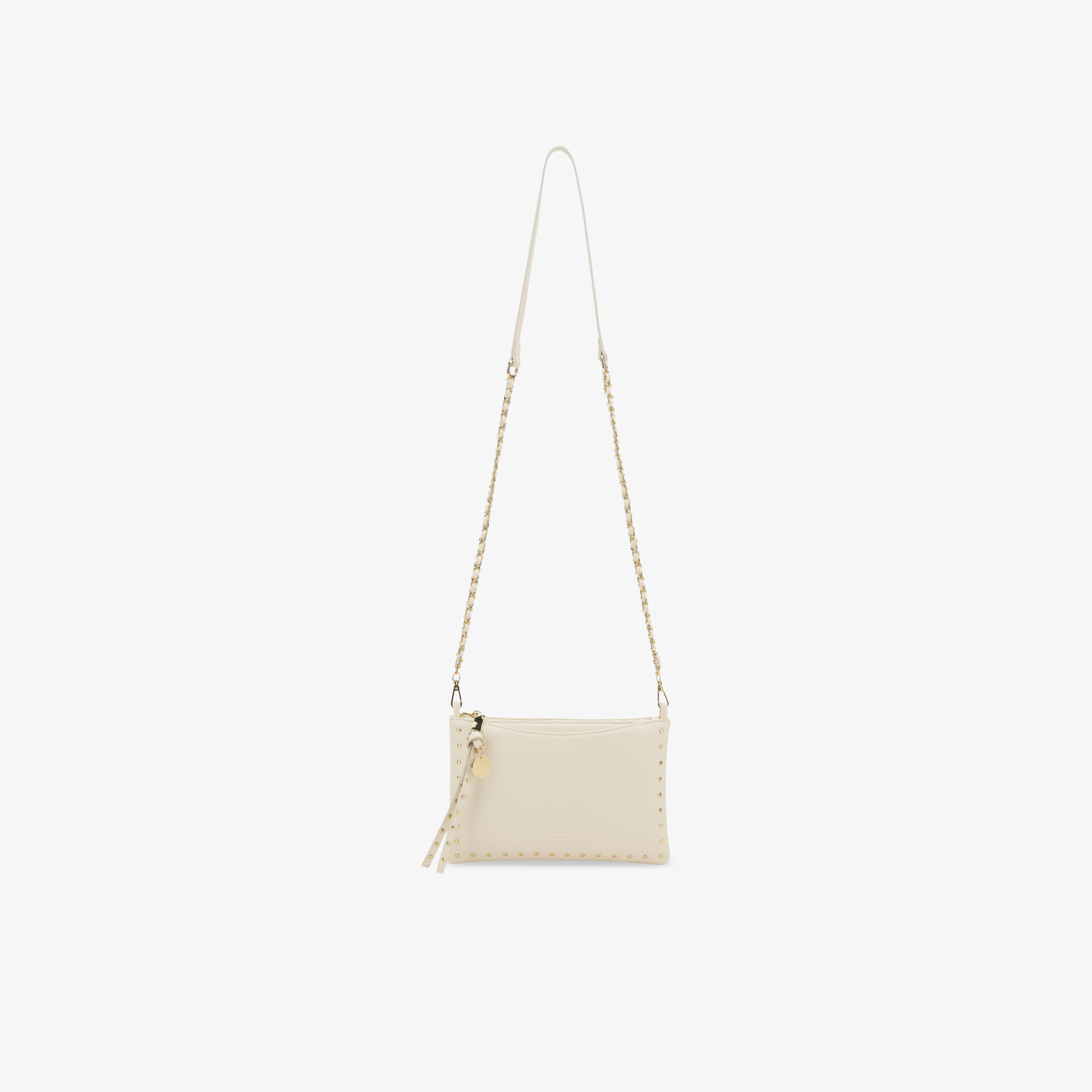 Beige kompakte Umhängetasche mit goldener Kette und Reißverschluss, schlankes und stilvolles Design für Alltag und Abend