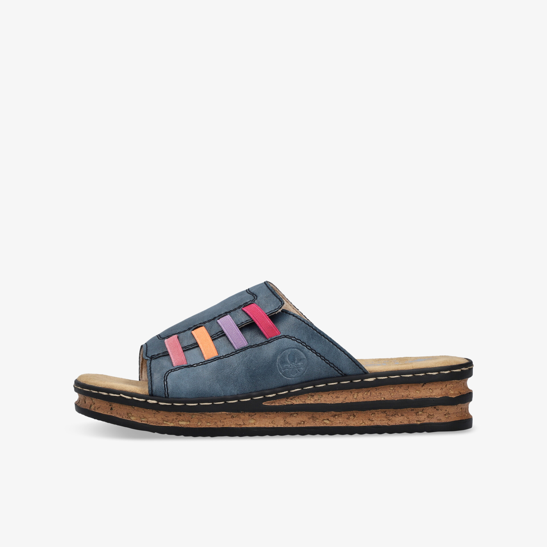 Bequeme blaue Slide-Sandale mit bunten Schlaufen, gepolsterter Innensohle und leichter, rutschfester Sohle, seitliche Ansicht