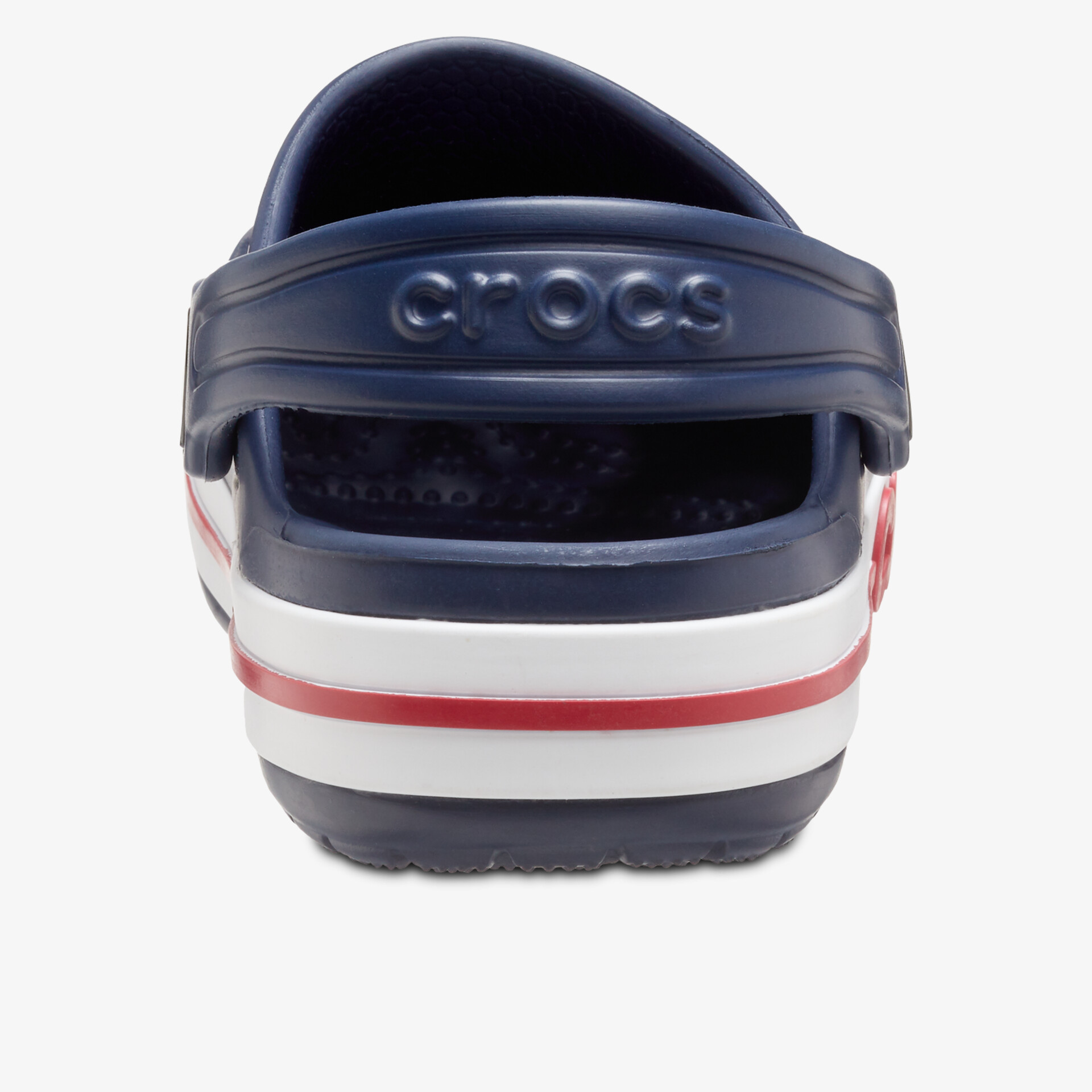 Rückansicht bequeme Sandale mit weichem Material und verstellbarer Fersenschnalle in Navy Weiß Rot