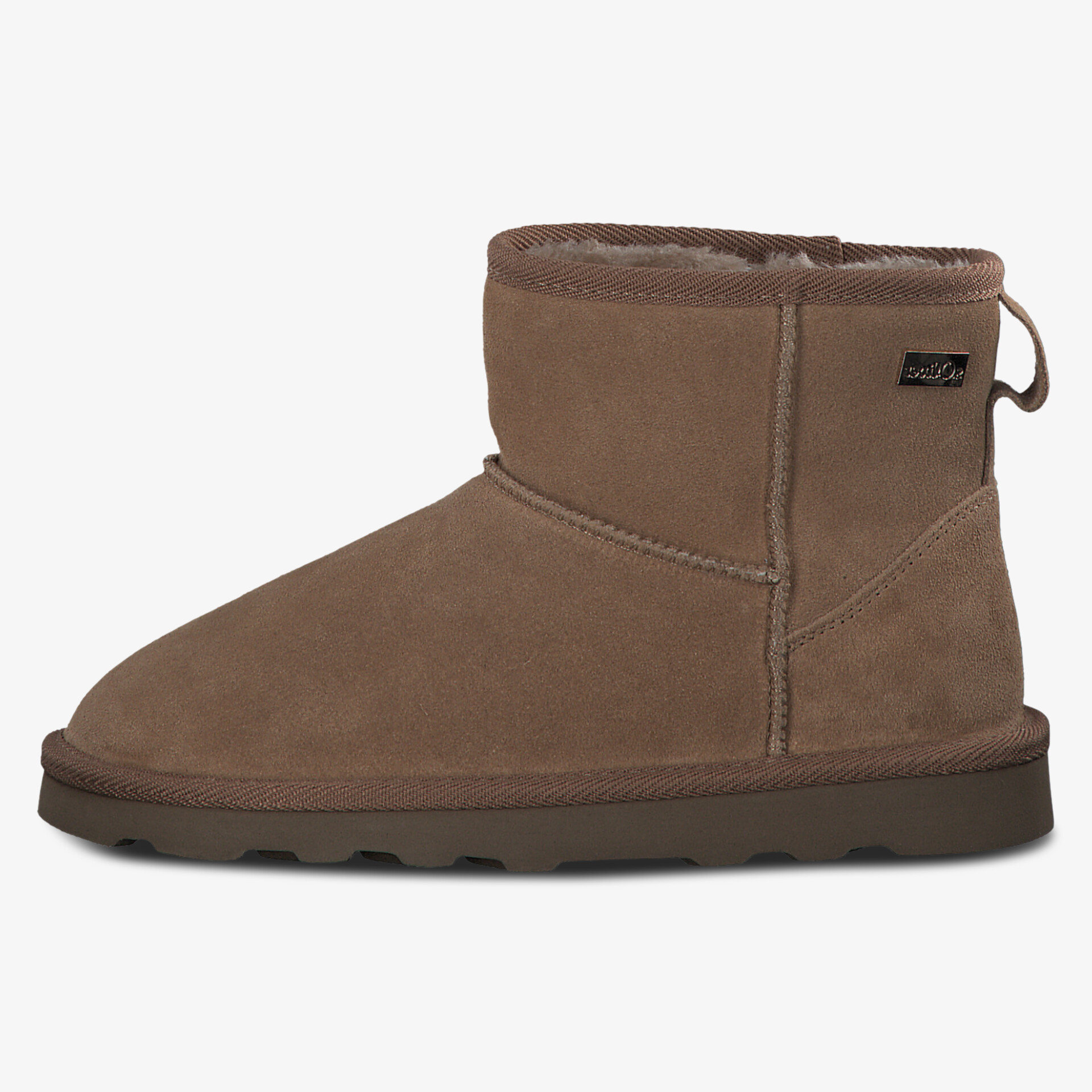 Bequemer kurzer Schuh aus braunem Veloursleder mit flacher Sohle und warmer Innenseite für kalte Tage