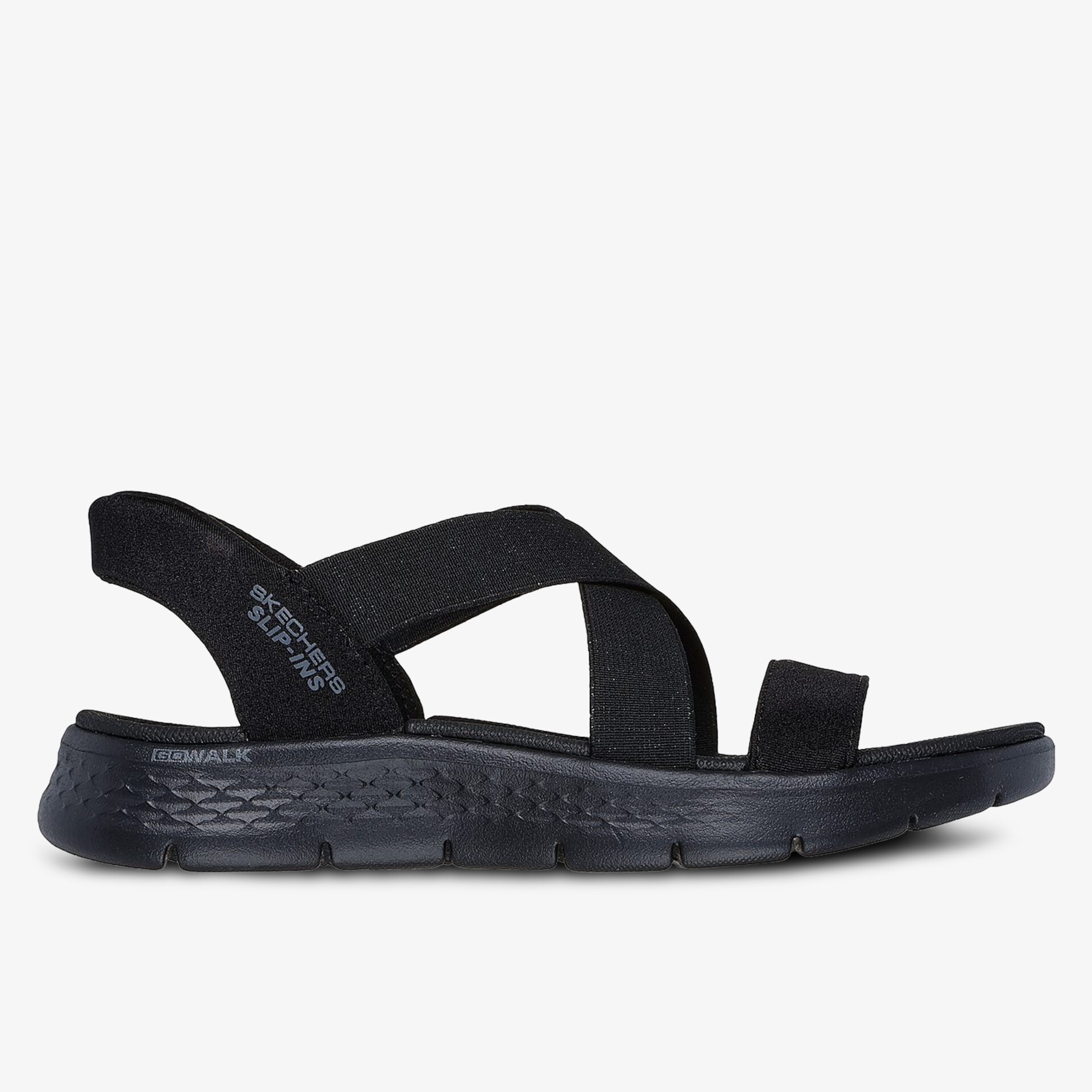 Bequeme schwarze Sandale mit flexiblen Riemen und rutschfester Sohle.