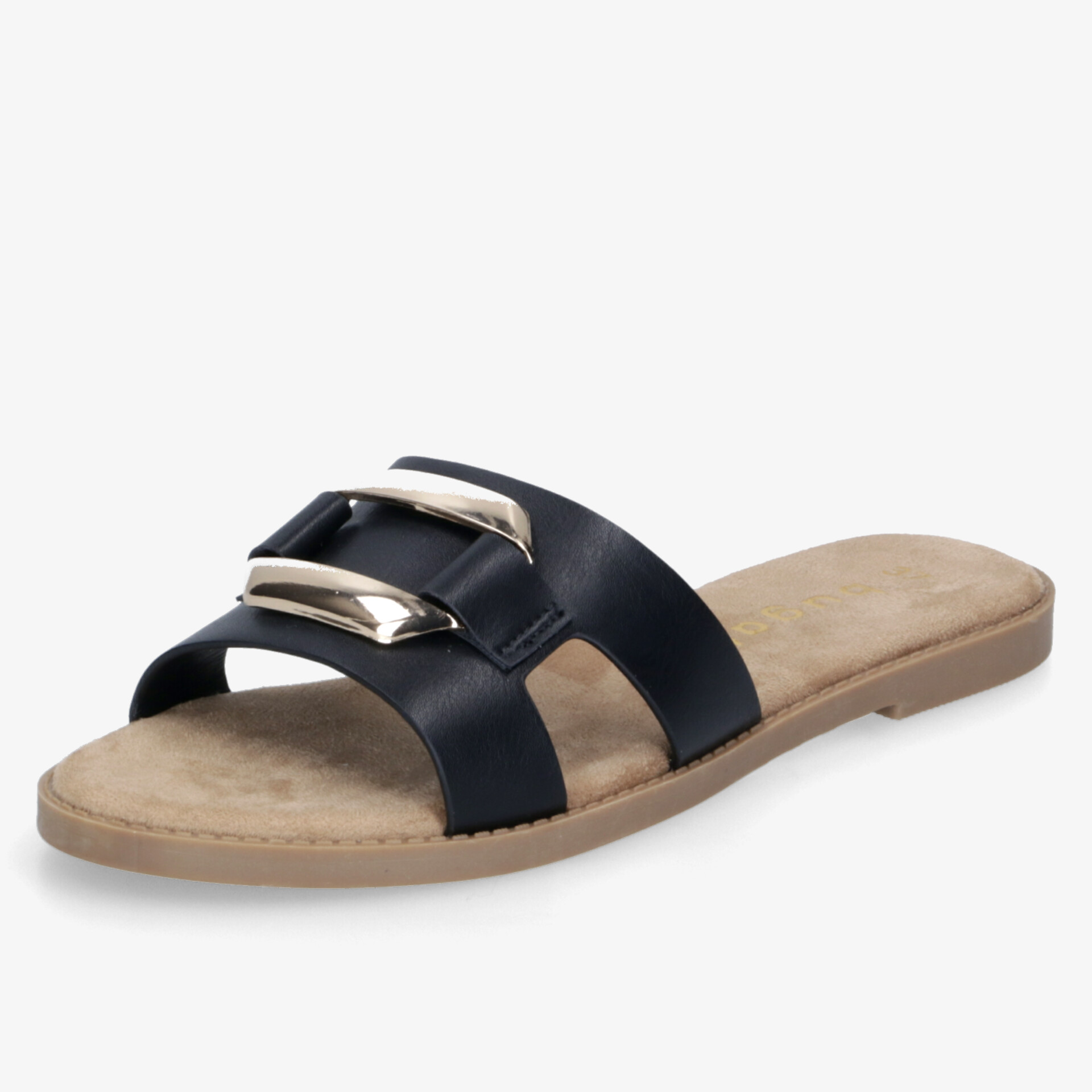 Schwarze Sandale mit zwei goldfarbenen Schnallen, flache und bequeme Innensohle, modisches sommerliches Design