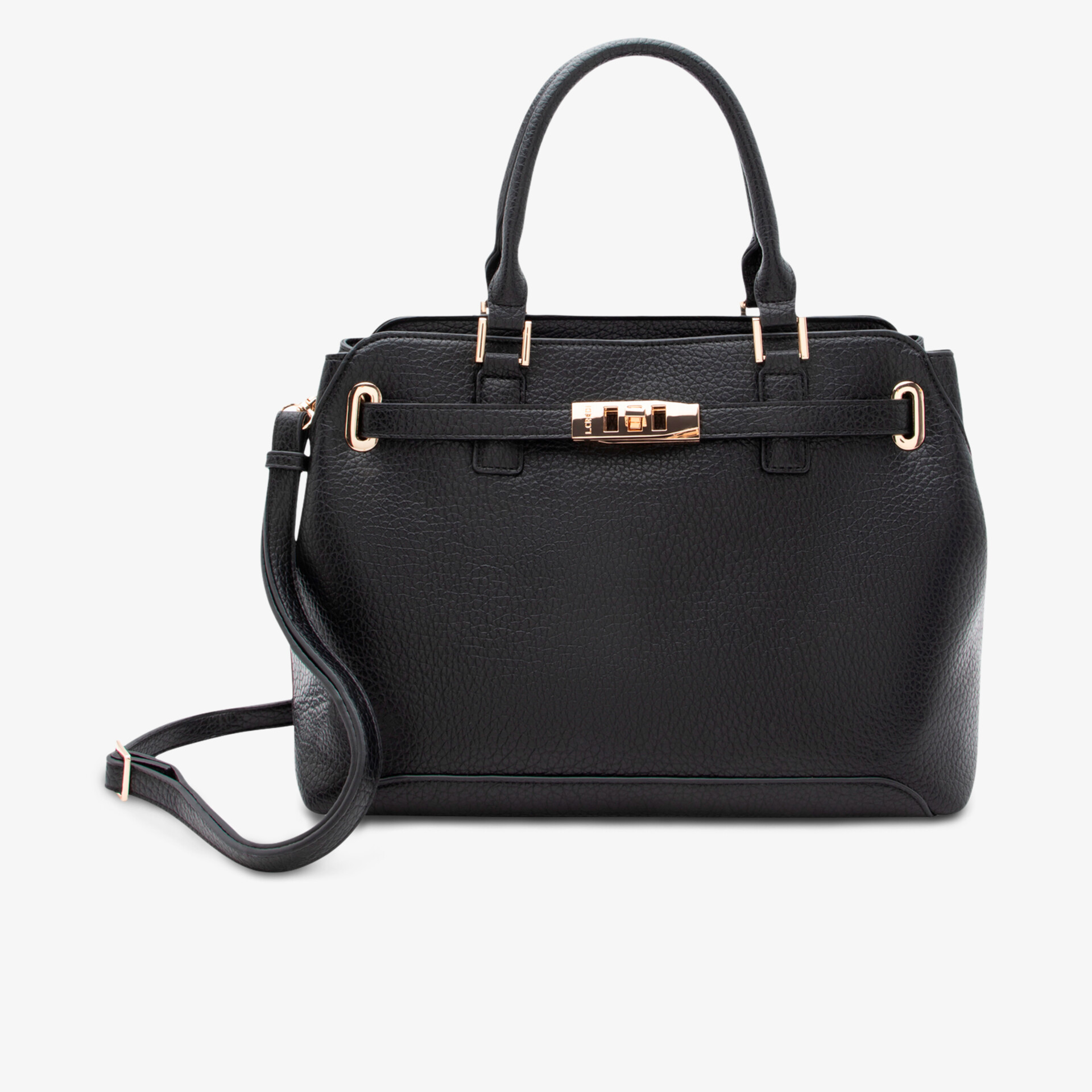 Elegante schwarze Tasche mit goldenen Details und abnehmbarem Schulterriemen.