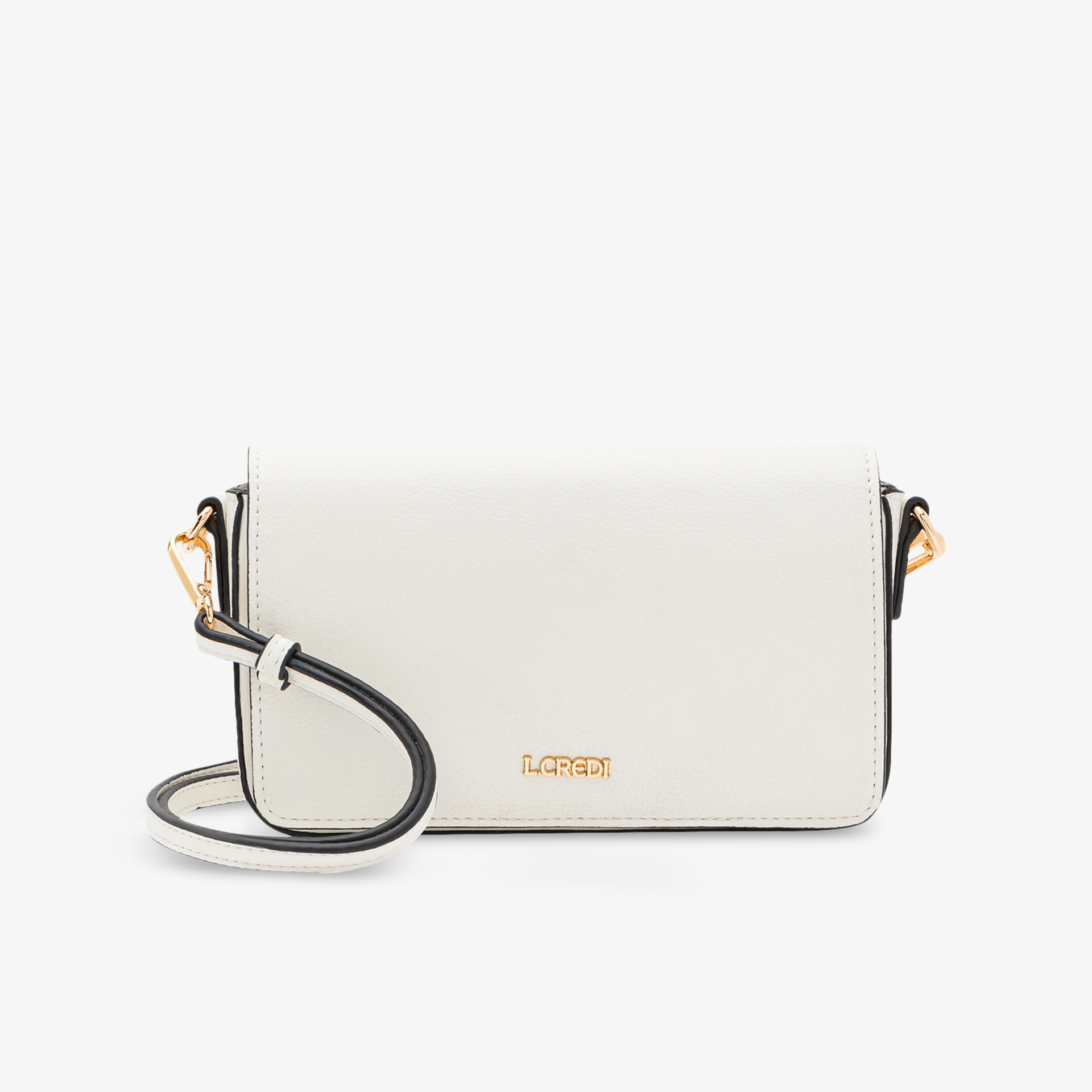Weiße kompakte Umhängetasche mit minimalistischem Design und goldenen Details, verstellbarer Riemen, glatte Oberfläche