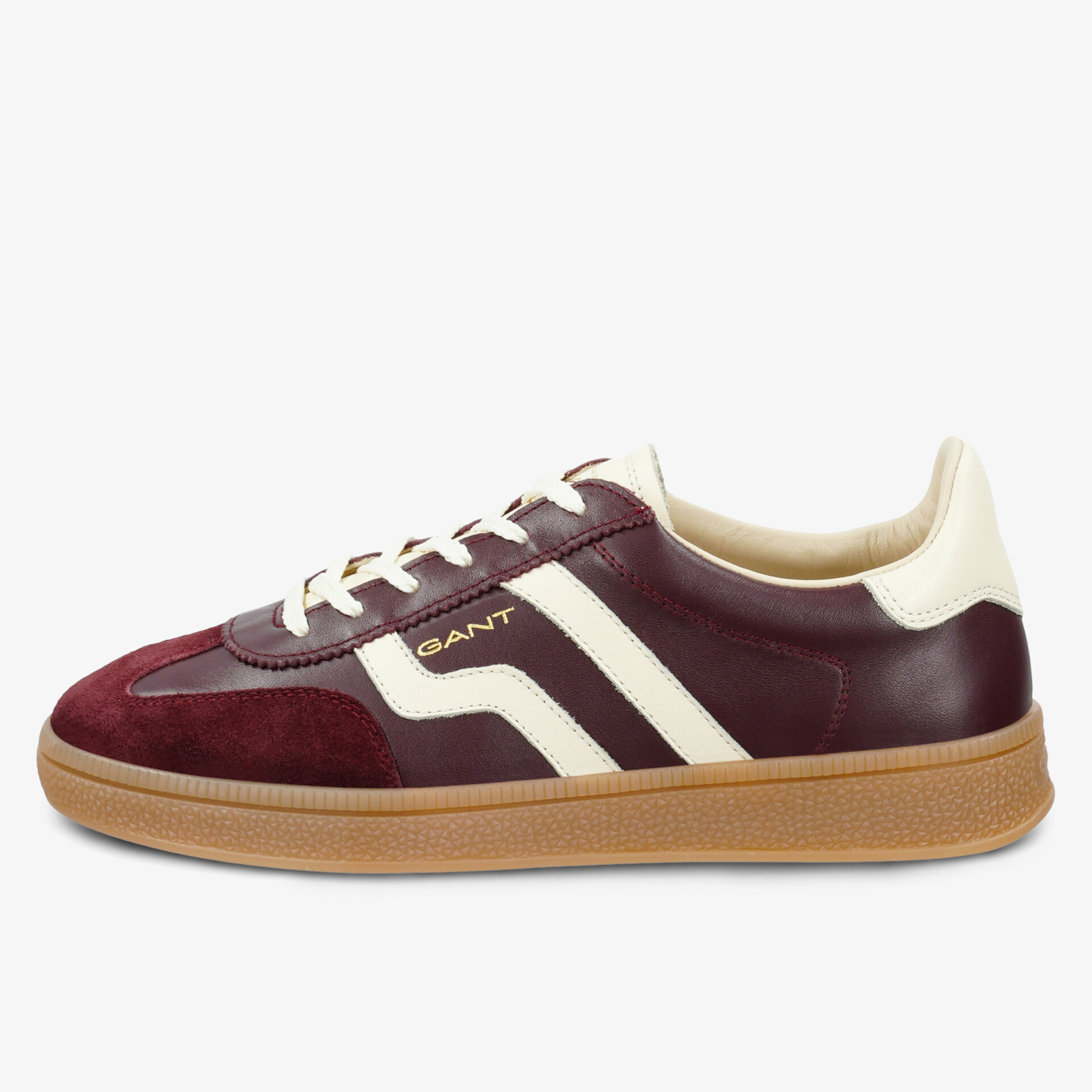 Seitlicher Sneaker aus Leder mit kontrastierenden weißen Elementen und leichter Gumsohle für hohen Tragekomfort