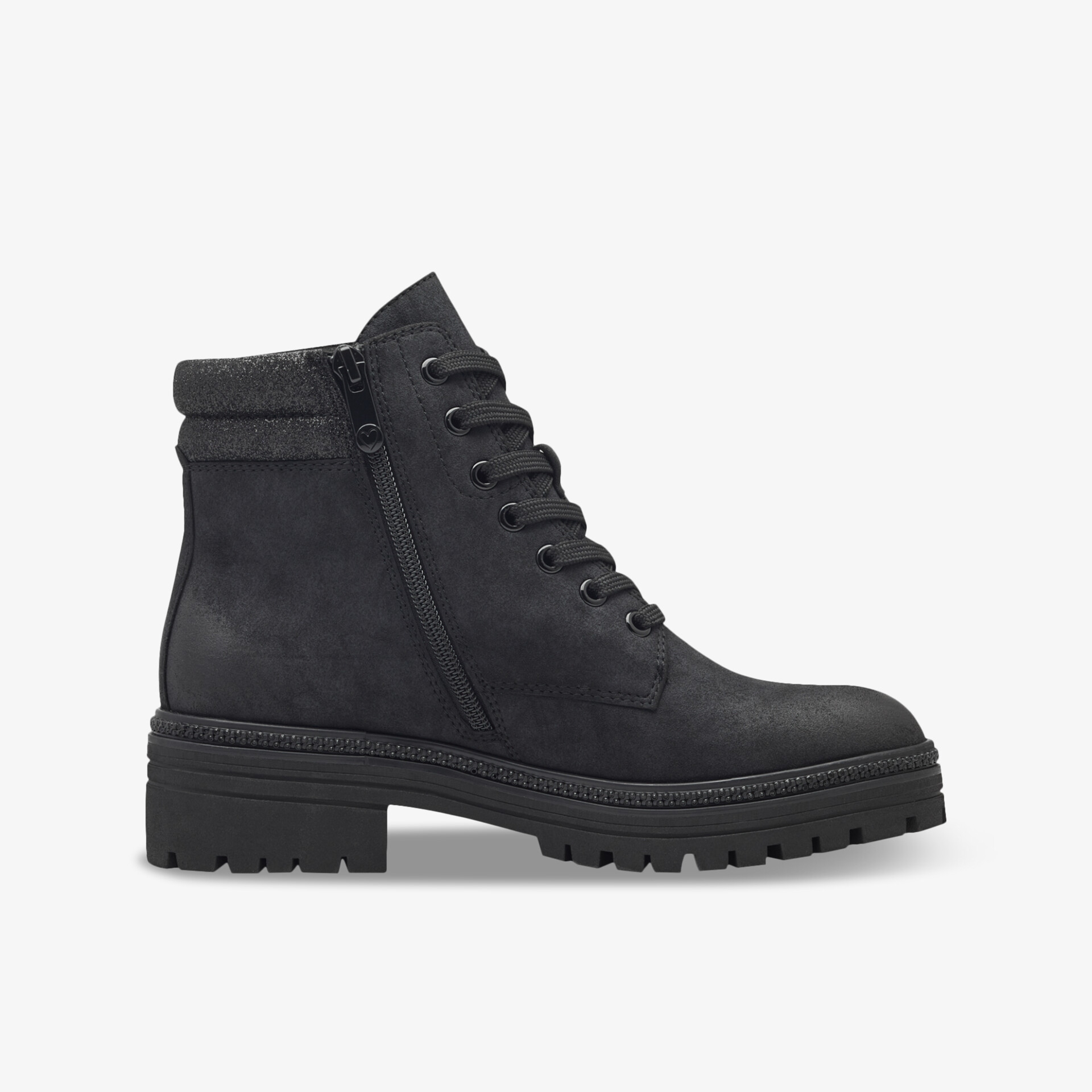 Robuster schwarzer Stiefel mit Reißverschluss, Schnürsenkeln und profilierter Sohle für sicheren Halt